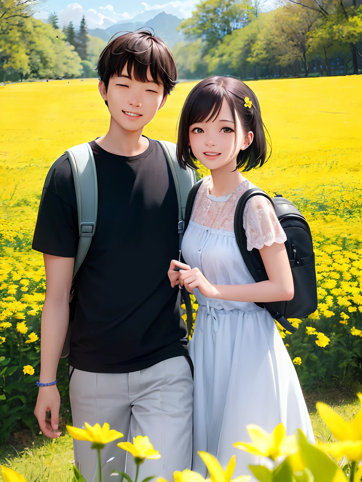 A very charming couple  with a backpack and her cute puppy enjoying a lovely spring outing surrounded by beautiful yellow flowers and nature. The illustration is a high-definition illustration in 4k resolution, featuring highly detailed facial features and cartoon-style visuals.