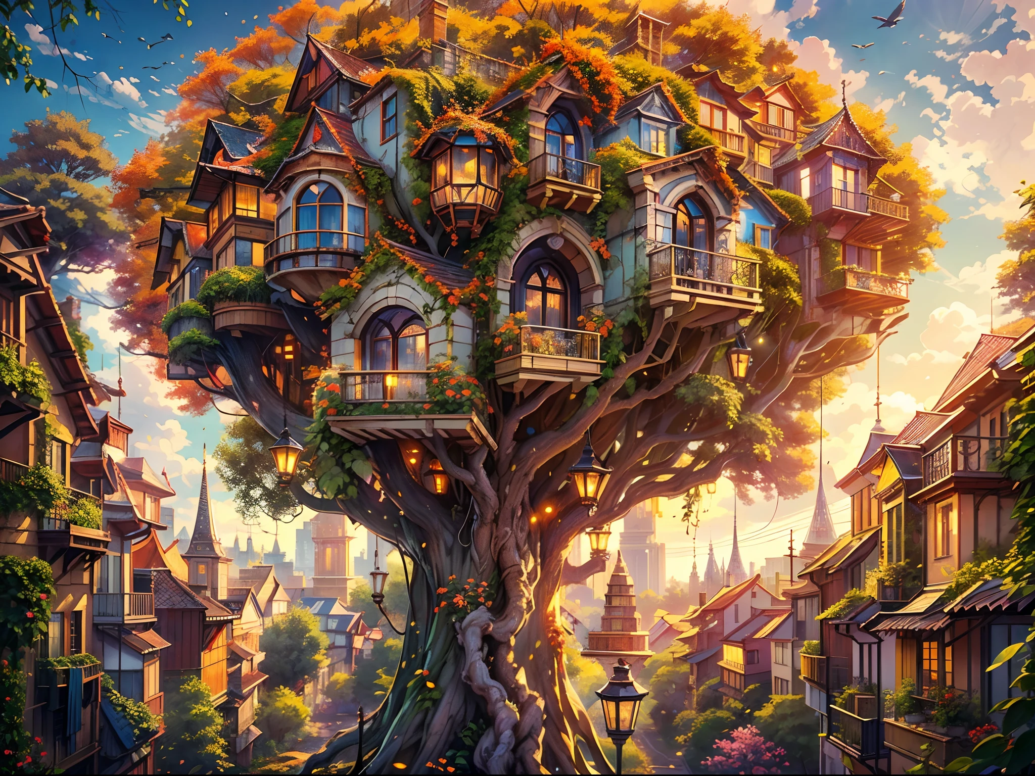 (best quality,4k,8k,highres,masterpiece:1.2),ultra-detailed,(realistic,photorealistic,photo-realistic:1.37),otherworldly city,city on a tree,giant world tree,long and big vines,countless houses hanging in mid air from the vines,houses hanging on tree branches, far shot, ultra wide angle,illustration,vibrant colors,glimmering lights,ethereal atmosphere,golden haze,warm sunlight,urban fantasy,whimsical details,twisted branches,majestic view,seemingly impossible structure,towering heights,minute architectural details,serene and tranquil,peaceful ambiance,magical enchantment