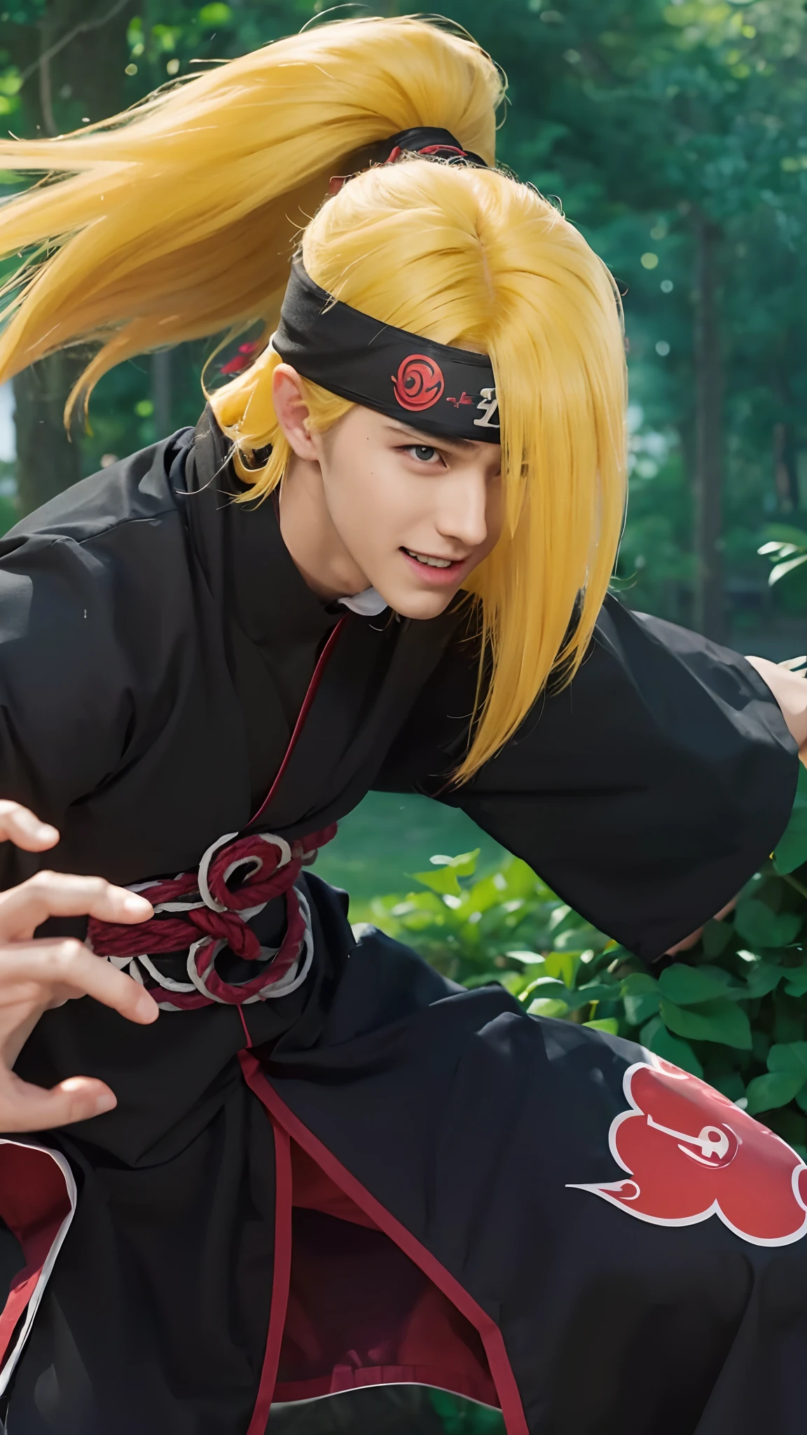 Real life adaption of this character, handsome man face, same expression Evil laugh,(realistic same hair,The front of his hair is long down while the back is tied up), ((realistic same outfit with Akatsuki logo)) , (wear ninja konoha headband), hyper realistic, realistic light, realistic shadow, realism,(photorealistic:1.2), (looking to viewer)
