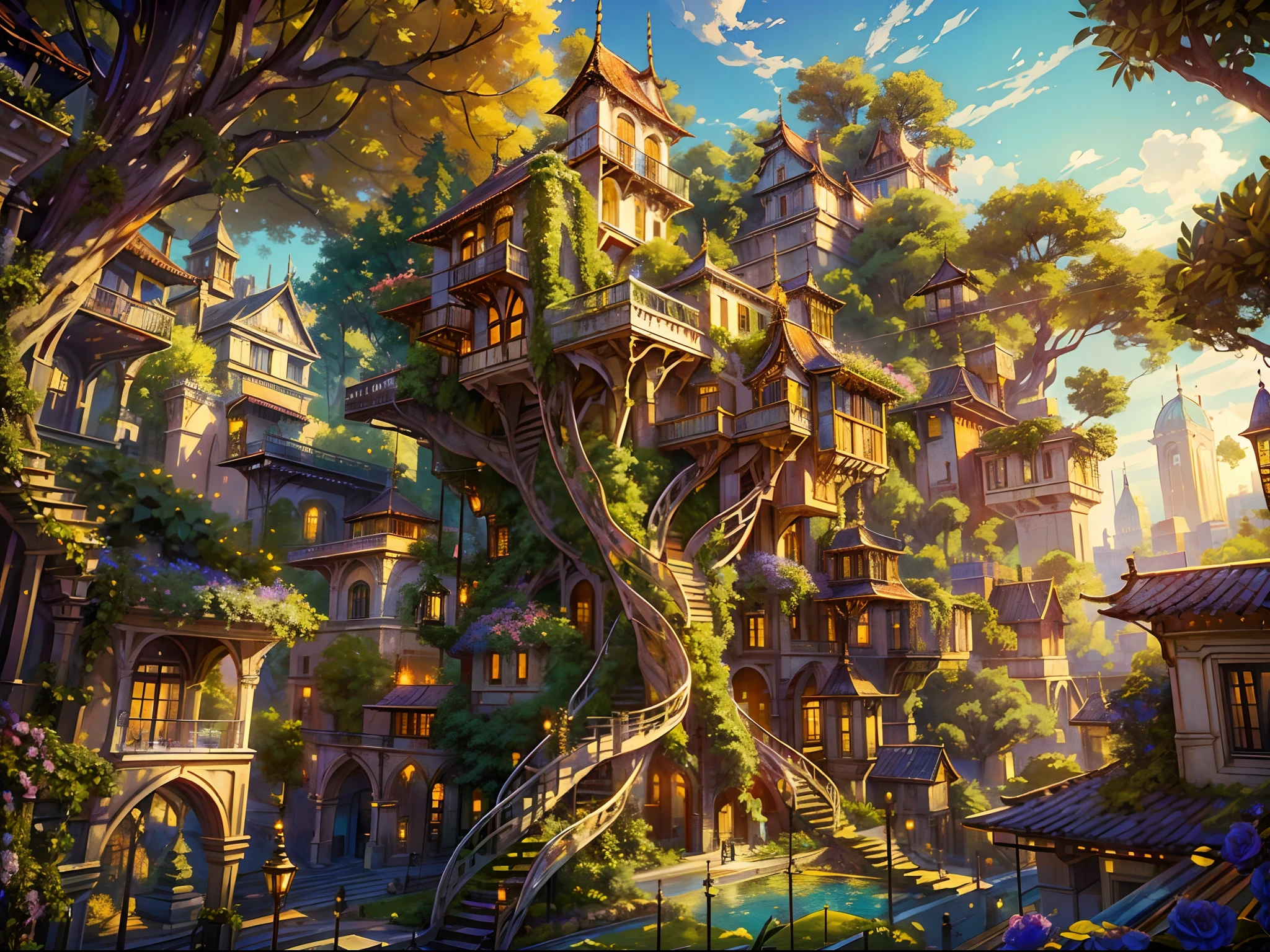 (best quality,4k,8k,highres,masterpiece:1.2),ultra-detailed,(realistic,photorealistic,photo-realistic:1.37),otherworldly city,city on a tree,giant world tree,long and big vines,countless houses hanging in mid air from the vines,houses hanging on tree branches, far shot, ultra wide angle,illustration,vibrant colors,glimmering lights,ethereal atmosphere,golden haze,warm sunlight,urban fantasy,whimsical details,twisted branches,majestic view,seemingly impossible structure,towering heights,minute architectural details,serene and tranquil,peaceful ambiance,magical enchantment