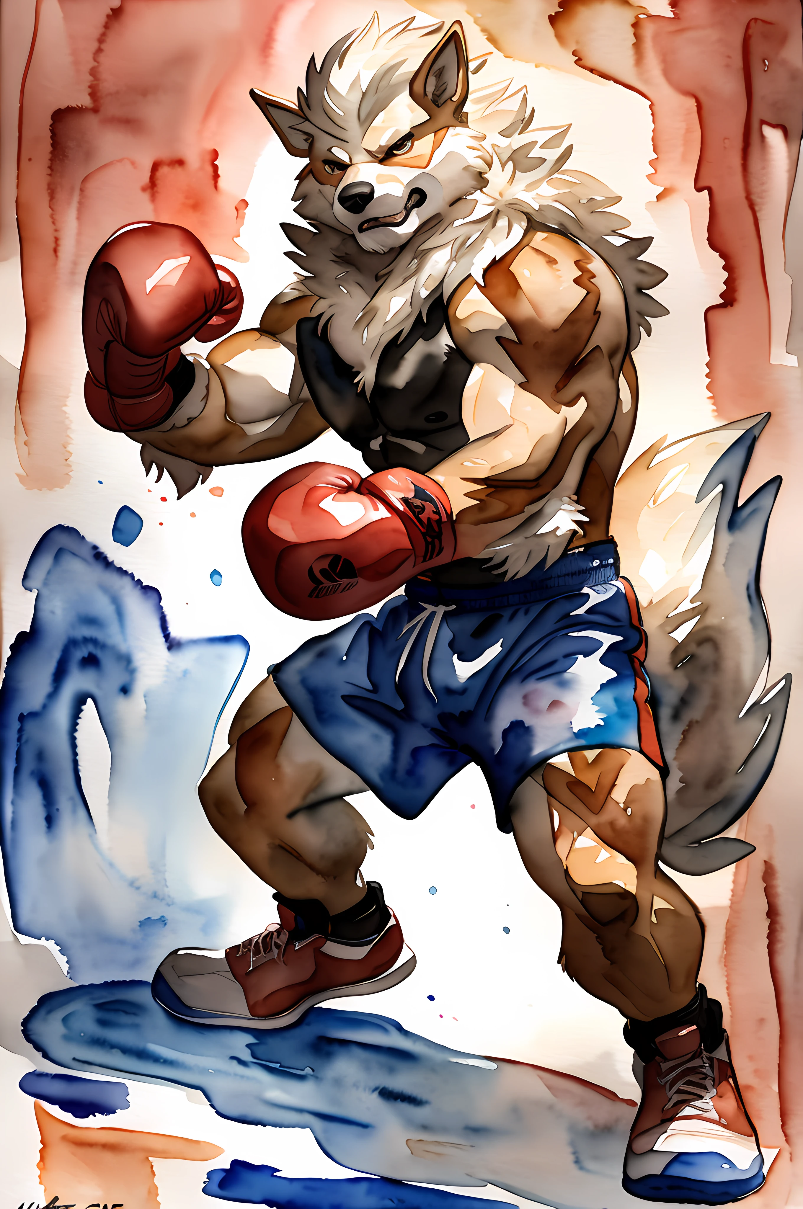 anthro Arcanine, wearing boxing gloves. 4k, high resolution, best quality, posted on e621, (solo:1.2), anthro body, male, (mane:1.1), adult, masculine, (very muscular, heavyweight:1.2), correct anatomy, (white background:0.7), (watercolor background:1.3), (by wfa:1.2), (by chunie, by Taran Fiddler:0.8), (detailed eyes:1.2), (cel shaded:1.2), cartoony shading, (watercolors:1.2), (fluffy tail:1.2), (full body:1.3), (boxing gloves:1.1), (boxing shorts:1.2), (looking at viewer:1.2), bright eyes, (black stomach, black chest:1.2), (boxing shoes:1.2), angry face, punching, action pose, special watercolor effects, watercolor speedlines, watercolor explosions