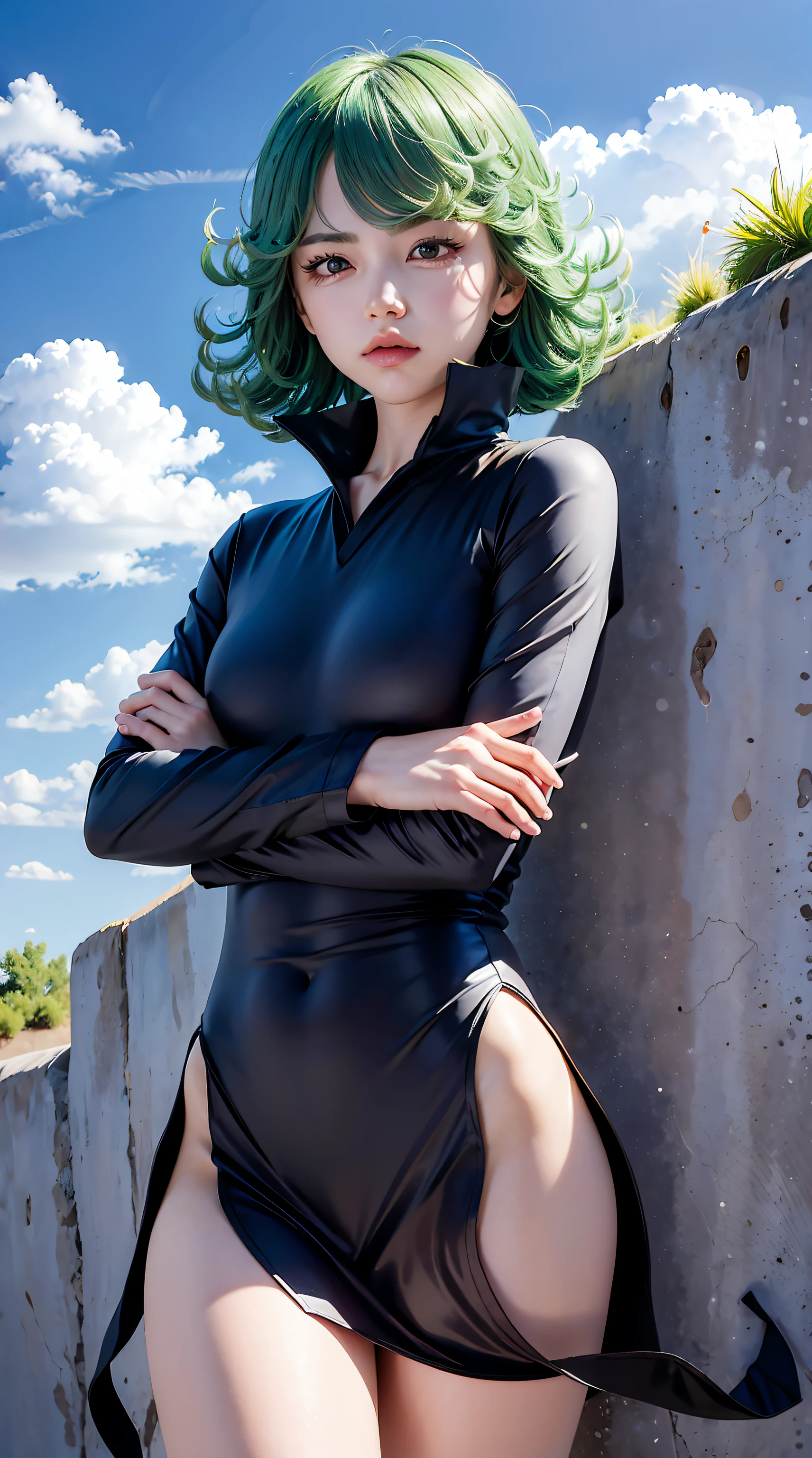 (masterpiece, best quality:1.2), cowboy shot, solo, 1girl, tatsumaki, unamused, closed mouth, looking at viewer, crossed arms, black dress, blue sky, clouds