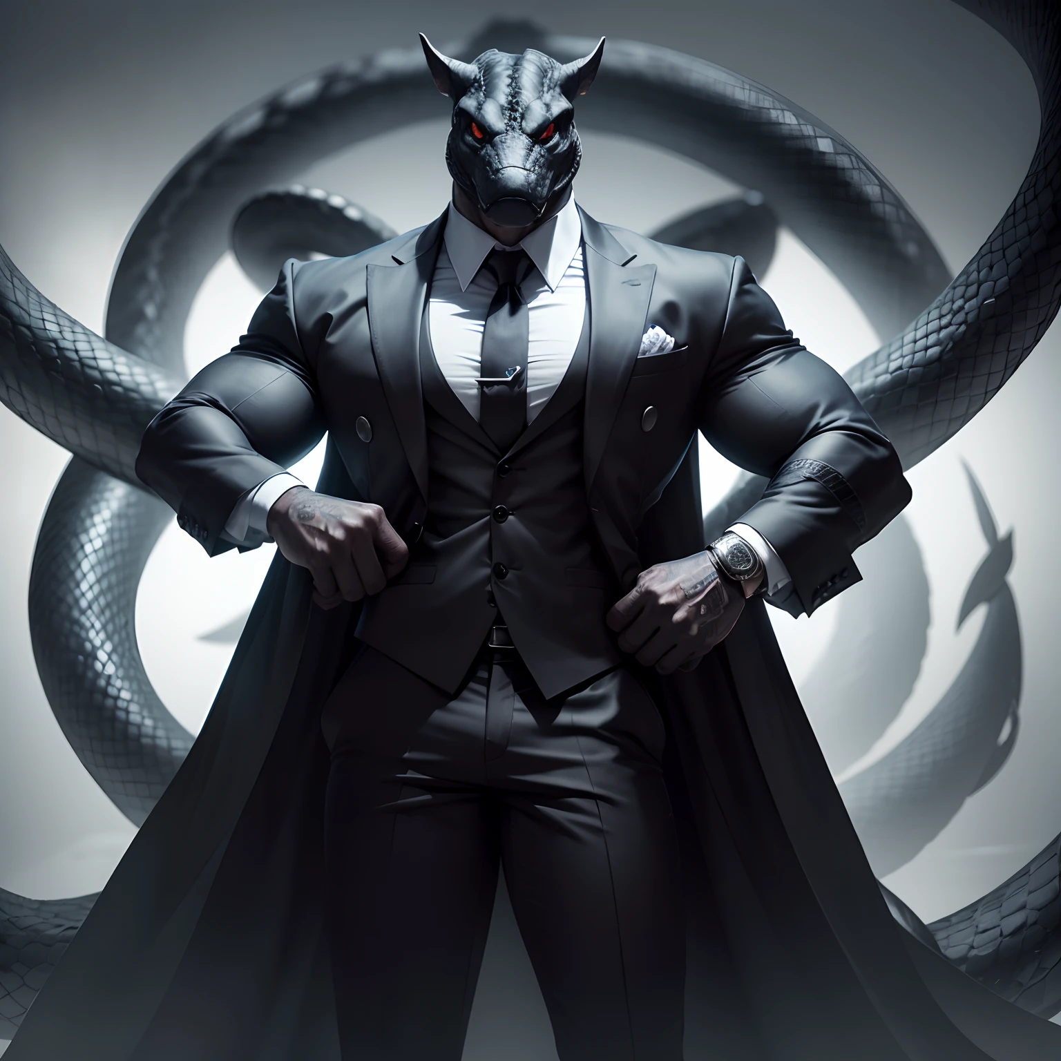 Humanoid snake muscled , with a snake's head black with a tail with 2 huge arms , in suit with a tie , full body