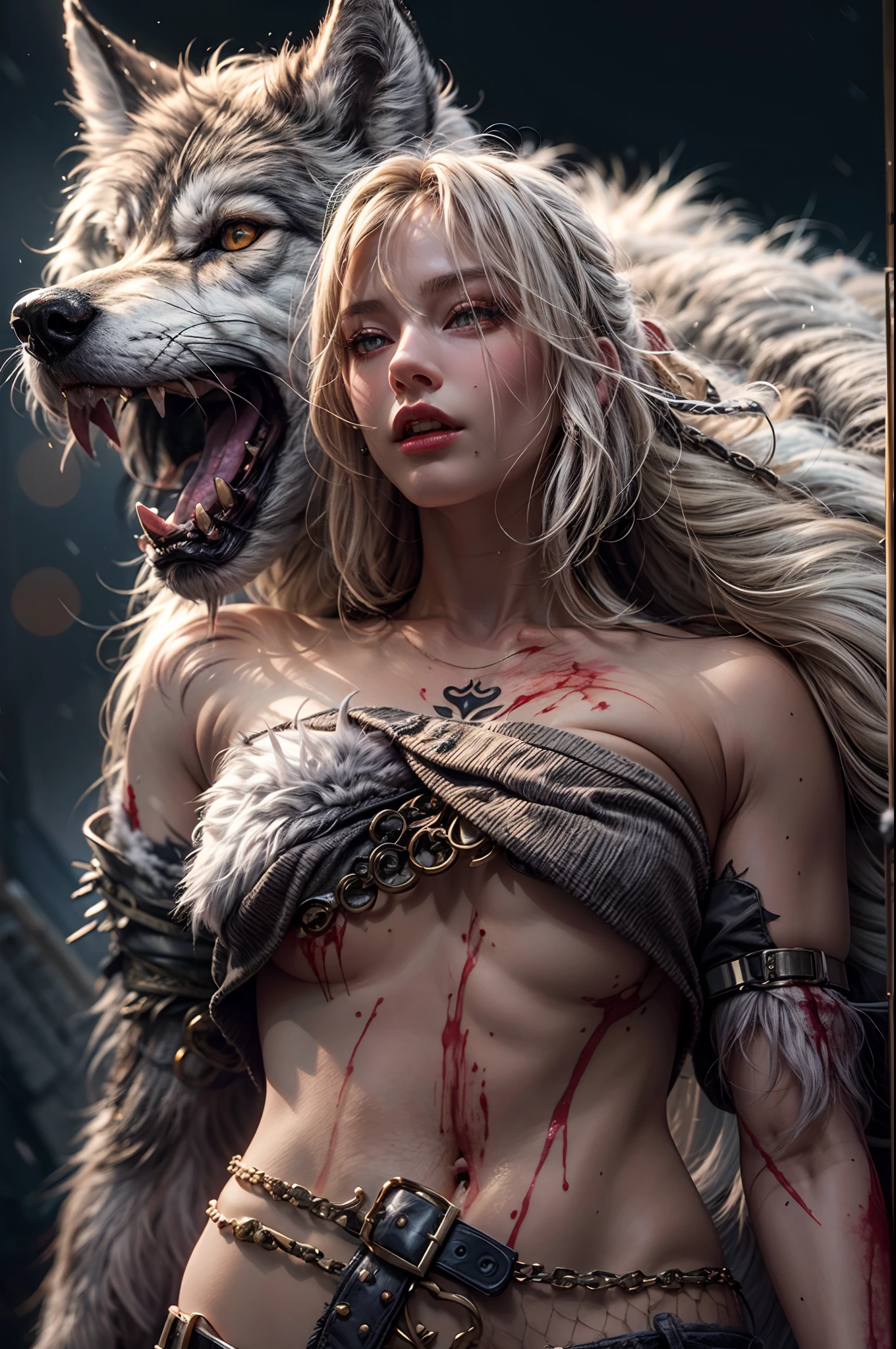 4k highly detailed realistic digital extremely high quality RAW photograph, a full body photo of margot robbie that lived with wolves her whole life,torn clothes exposing (:1.4) body, armored pauldrons, fangs, curled horns, big breasts, ((snow and blood)), ((wolf tattoos)), epic, hyperrealistic, hyperrealism, 8k, cinematic lighting, greg rutkowski, wlop, (f1.8 short focus bokeh)