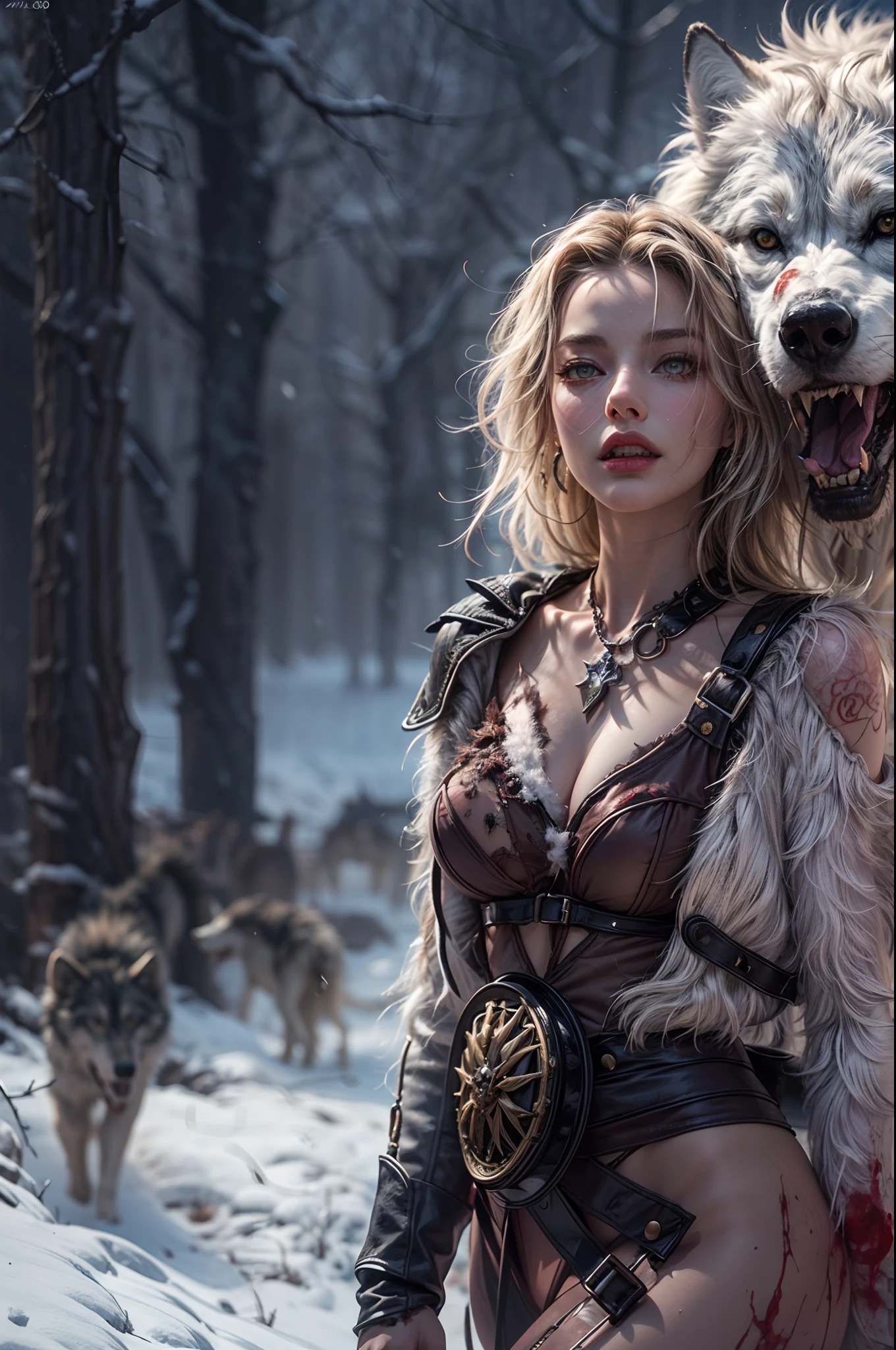 4k highly detailed realistic digital extremely high quality RAW photograph, a full body photo of margot robbie that lived with wolves her whole life,torn clothes exposing (:1.4) body, armored pauldrons, fangs, curled horns, big breasts, ((snow and blood)), ((wolf tattoos)), epic, hyperrealistic, hyperrealism, 8k, cinematic lighting, greg rutkowski, wlop, (f1.8 short focus bokeh)