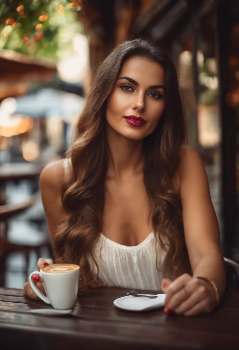 Real sexy young woman with a big discount having a coffee at the terrace of a bar