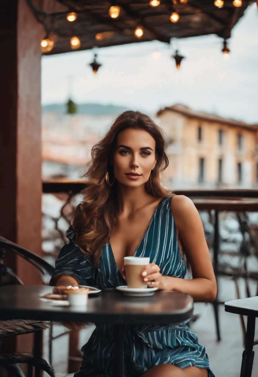 Real sexy young woman with a big discount having a coffee at the terrace of a bar