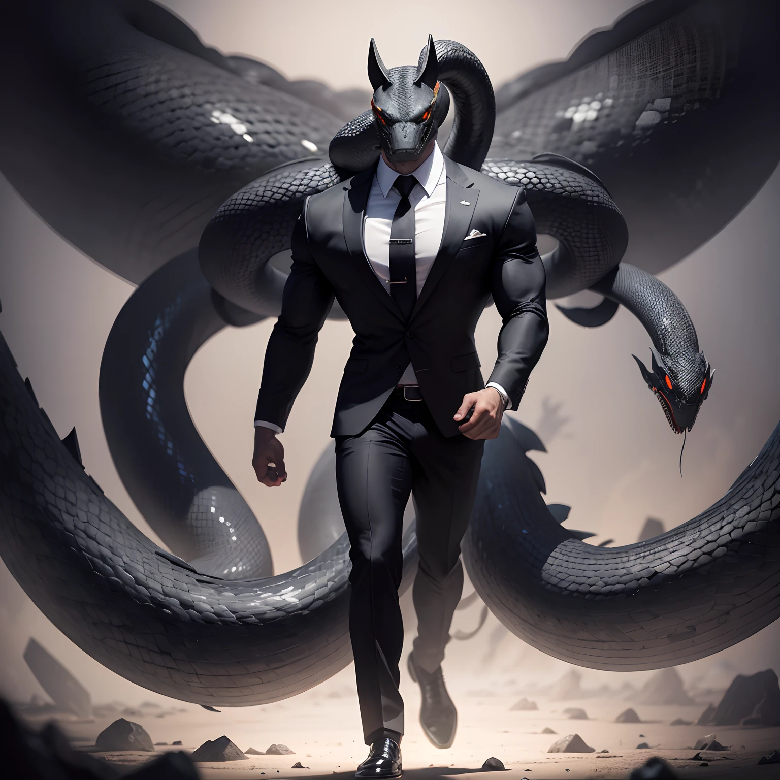 Humanoid snake muscled , with a snake's head black with a tail with 2 huge arms , in suit with a tie , full body