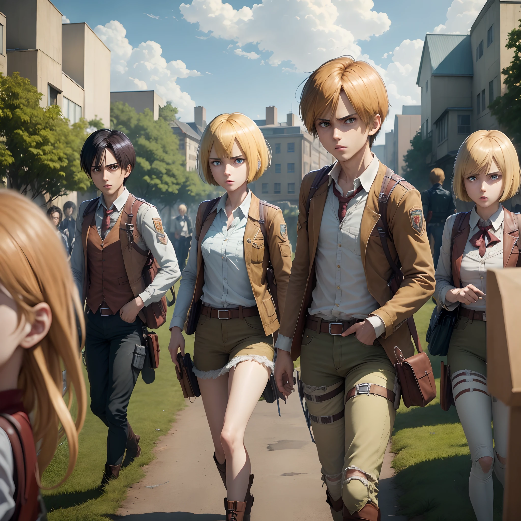 ((best quality)), ((masterpiece)), (detailed), 4k quality, Eren and Mekasa and Armin from attack on titan leading by Levi,  attack on titan ,Attack on Titan Anime series, Titans on the background, film post,  very inspiring photo contain 4 persons,