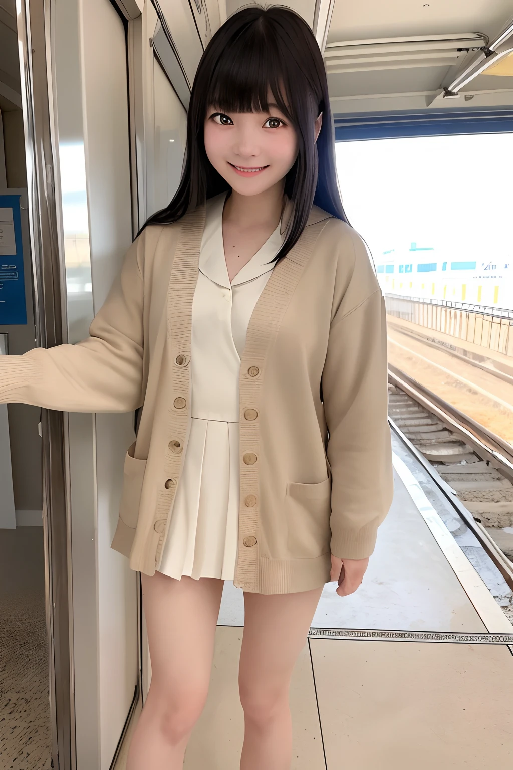 Photo Real、photoRealstic、girl1、top-quality、realisticlying A dark-haired、Blunt bangs、straight haired with round face、drooing eyes Laughing expression a sailor suit、Beige cardigan、skirt by the Soft thighs、skinny legs Background with、train