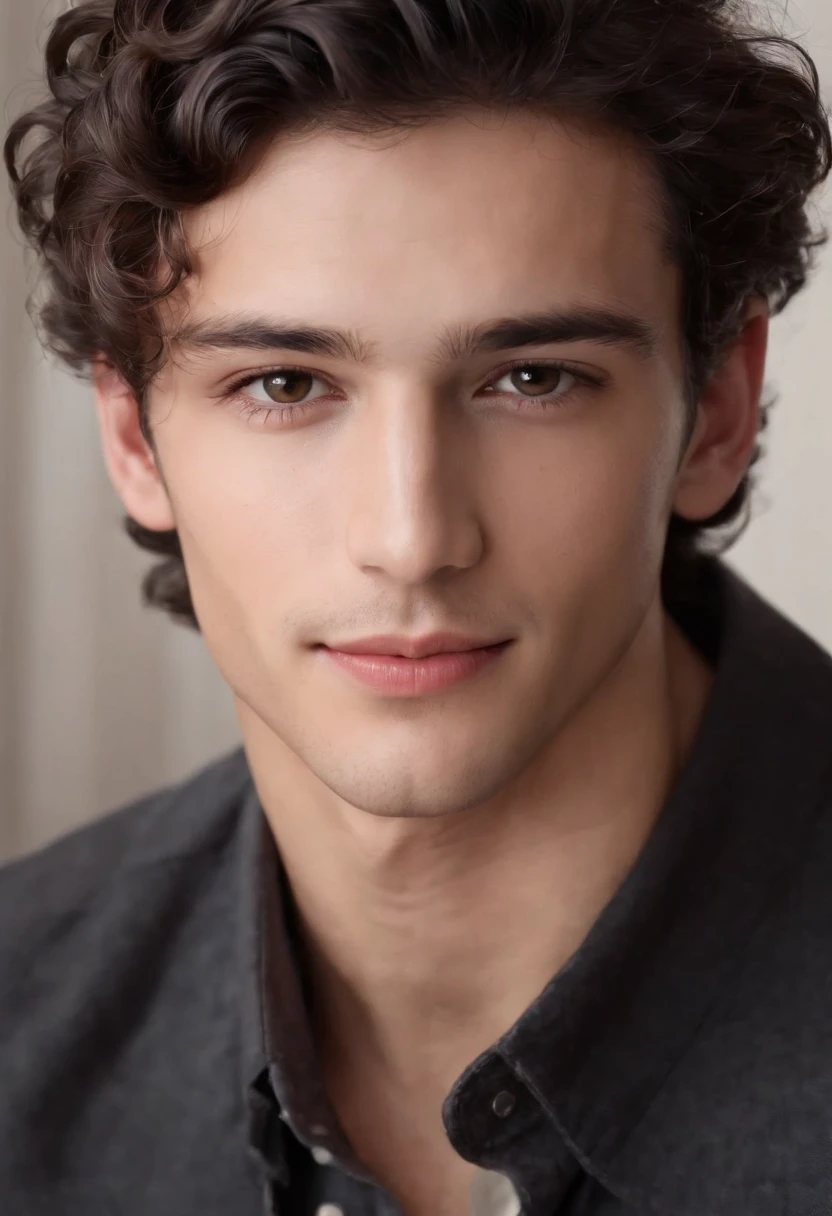 Certainly! Here's the description in English:
"I'm glad you liked the description! I imagine this young man could have a truly striking appearance, with a combination of curly, thick, and luscious black hair framing his face in a captivating way, accentuating his natural beauty. His brown eyes might have deep and expressive nuances, reflecting his lively and intelligent personality. His regular features, such as a well-proportioned nose and defined lips, add a touch of perfection to his face. His smile, radiating warmth and confidence, could light up the entire room. Overall, this young man with curly black hair and brown eyes exudes an aura of captivating beauty and magnetism.