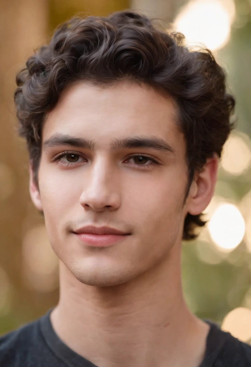 Certainly! Here's the description in English:

"I'm glad you liked the description! I imagine this young man could have a truly striking appearance, with a combination of curly, thick, and luscious black hair framing his face in a captivating way, accentuating his natural beauty. His brown eyes might have deep and expressive nuances, reflecting his lively and intelligent personality. His regular features, such as a well-proportioned nose and defined lips, add a touch of perfection to his face. His smile, radiating warmth and confidence, could light up the entire room. Overall, this young man with curly black hair and brown eyes exudes an aura of captivating beauty and magnetism.