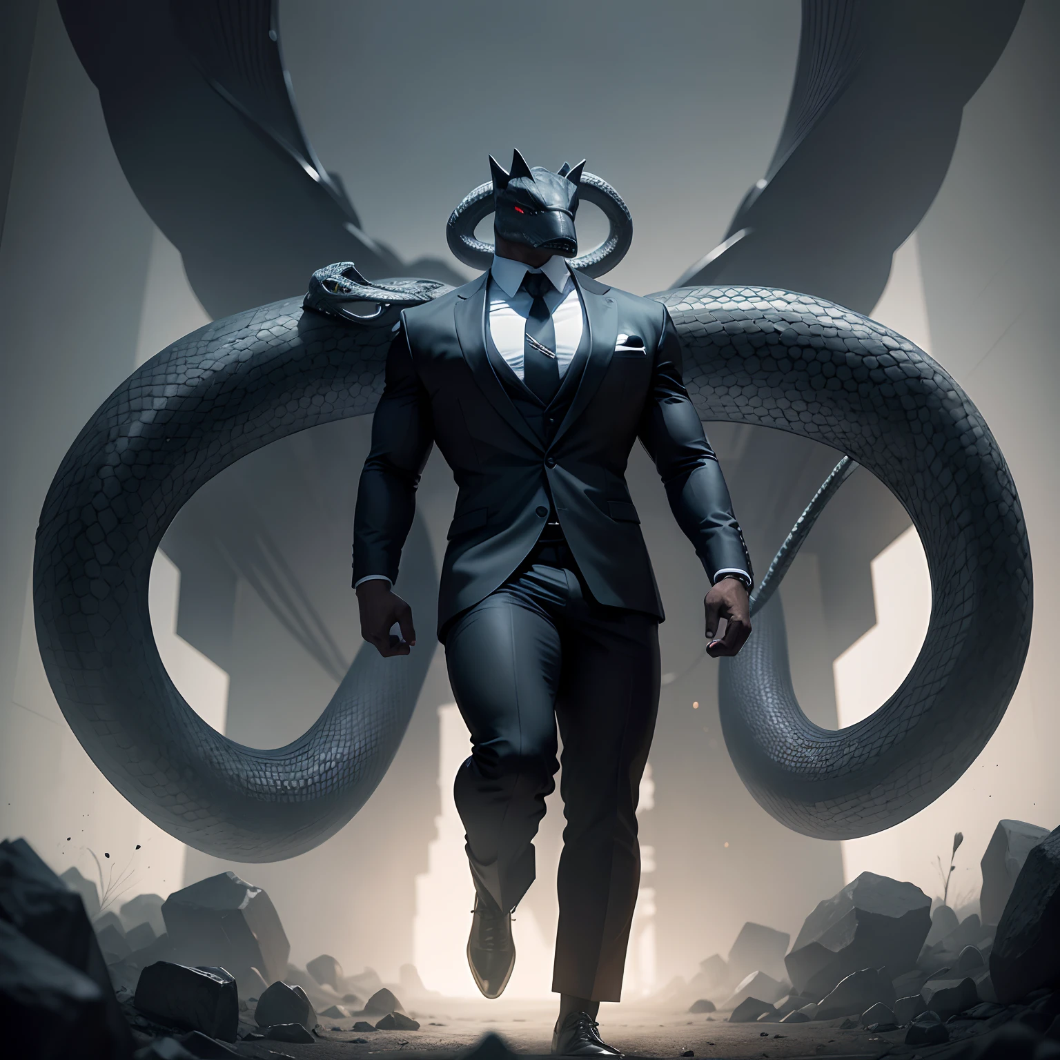 Humanoid  snake muscled ,  with a snake's head black with  a tail with 2 huge arms ,  in suit with a tie , full body