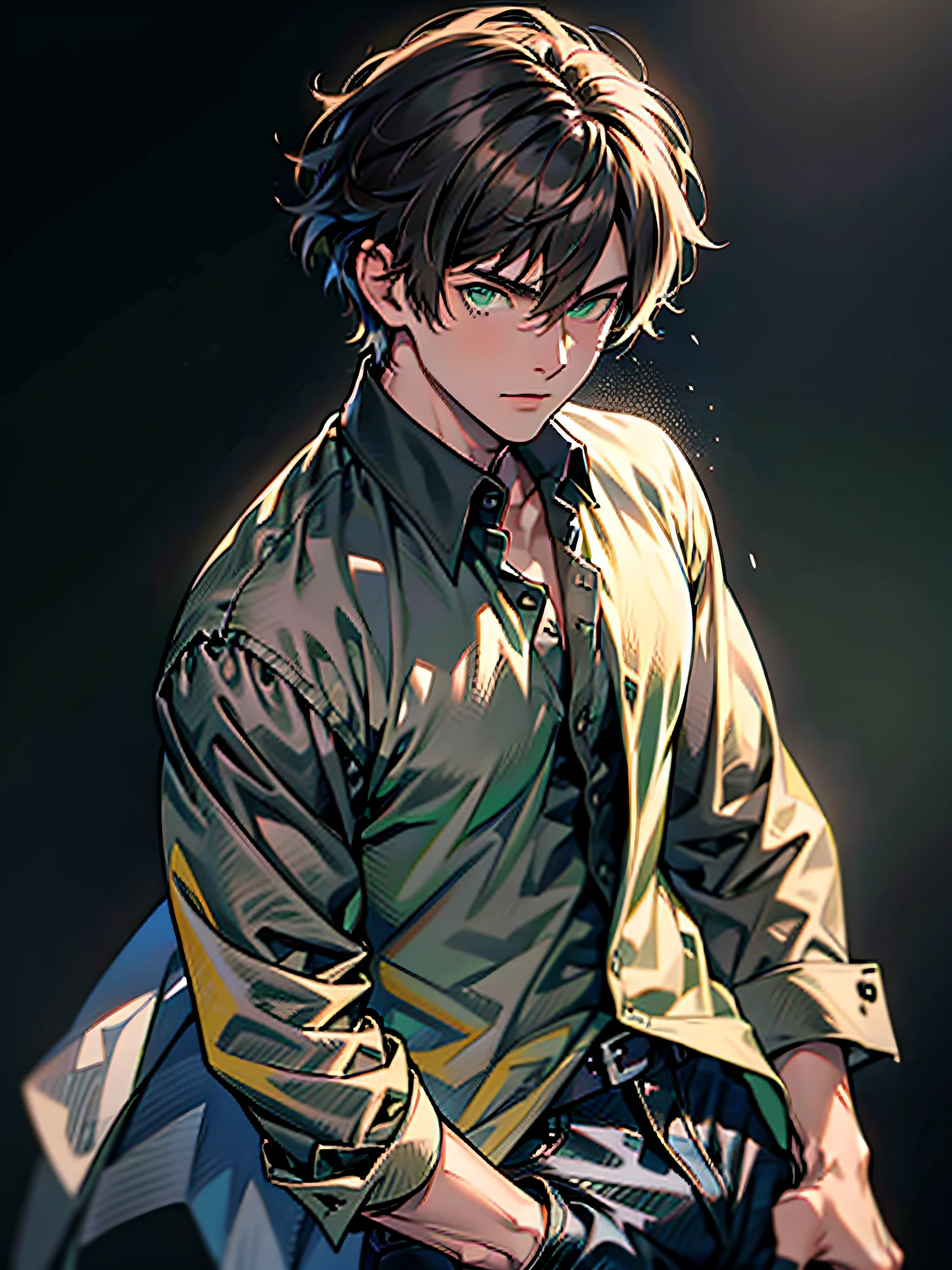 Anime boy with dark bronze, short hairs ((brown hairs))and light green eyes ((light green eyes)). Wearing black jeans and unbuttoned brown shirt on it ((black Jeans)) ((Unbuttoned brown shirt)). He poses to the photo ((portrait)). Black background, portrait style ((Plain black background)). Masterpiece, ultrasharp, super high quality, perfect anatomy, perfect body, perfect face, cartoon, 8k, famous look.