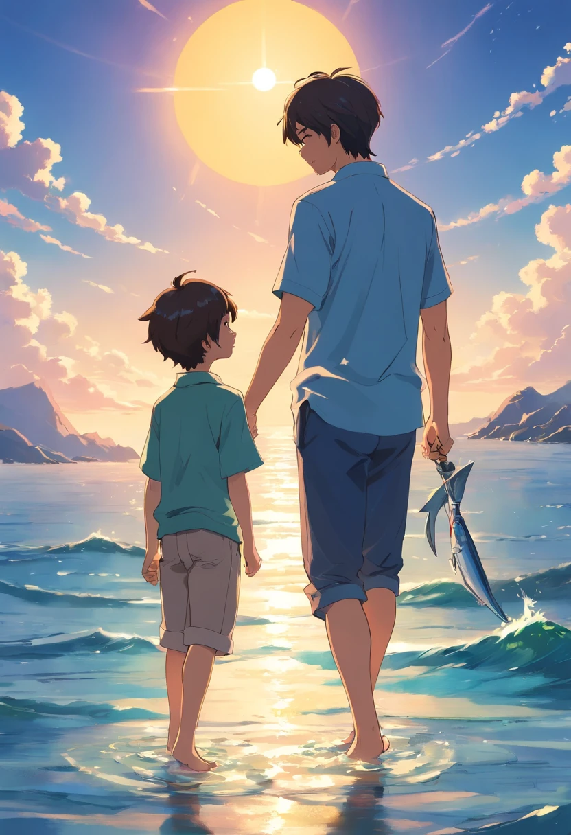 The father took his second son out to sea to fish,and the sun was shining brightly,Japanese manga style