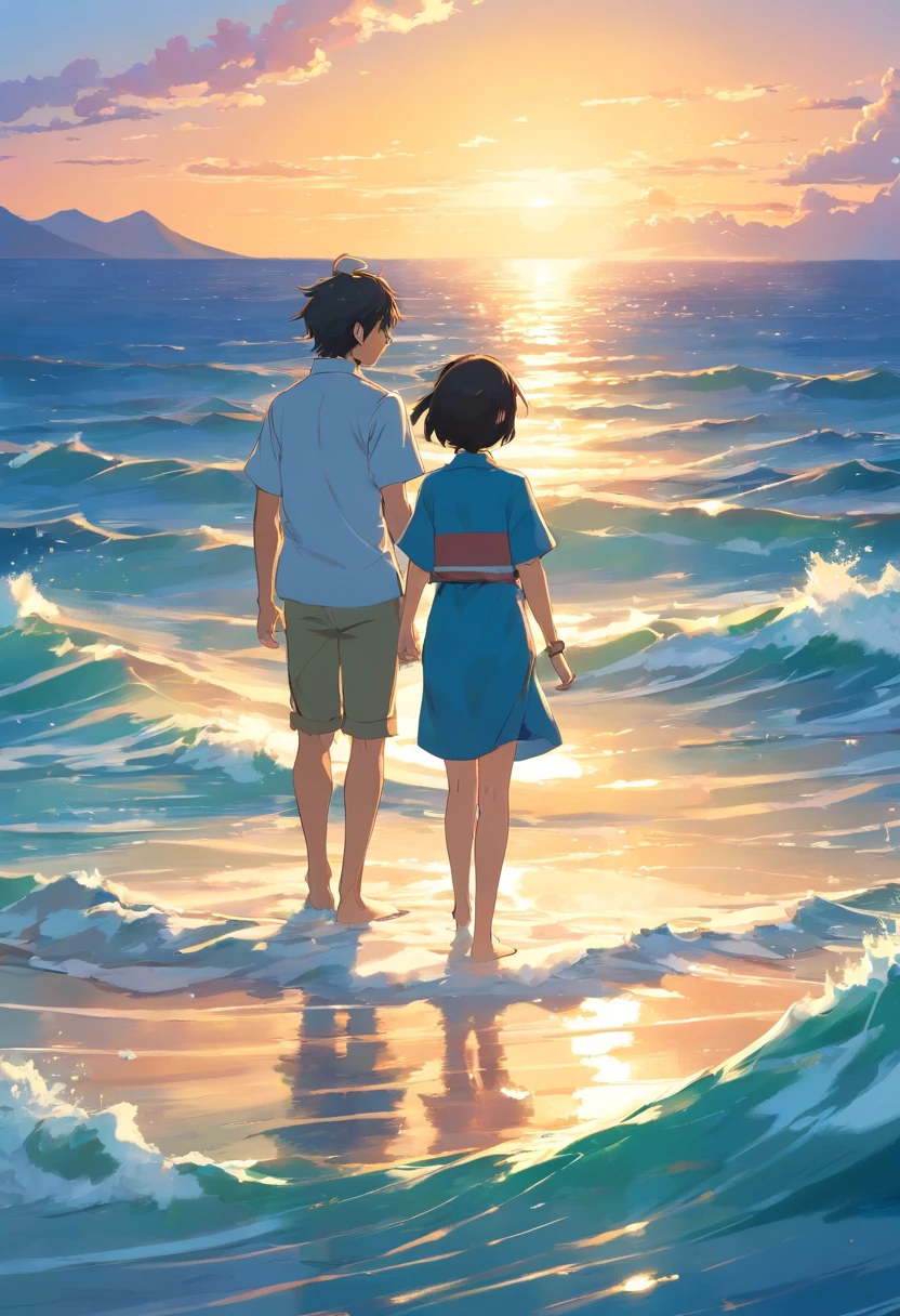 The father took his second son out to sea to fish,and the sun was shining brightly,Japanese manga style