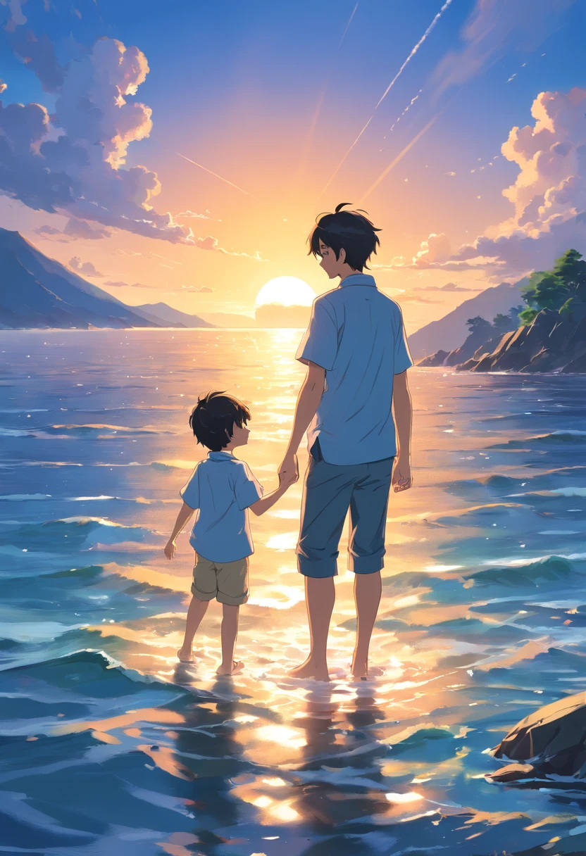 The father took his second son out to sea to fish，and the sun was shining brightly，Japanese manga style