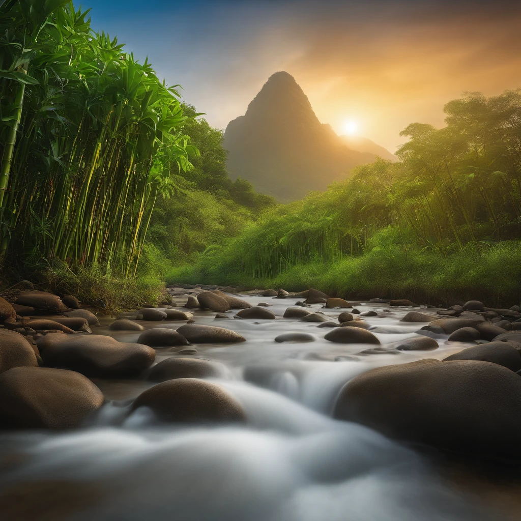 two green bamboos horizontally pouring water, in the background the image of Pedra Chintamani, it is a jewel that fulfills wishes within the Hindu and Buddhist traditions, vivid and clear professional photos, and in the background there is a very soft flute sound, photorealistic, 16k, sunreal, cinematic photo