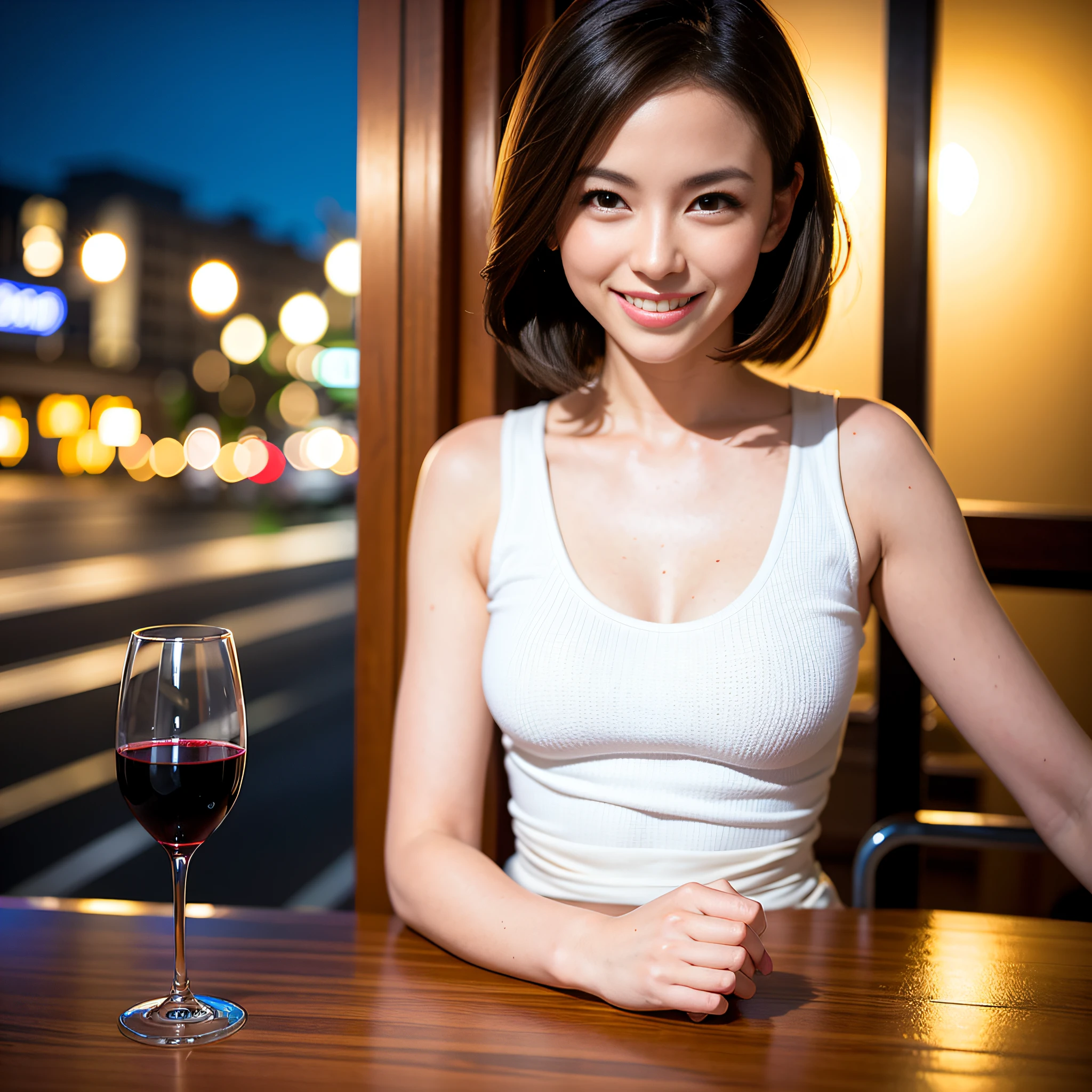 (64K, UHD, top quality, masterpiece: 1.2), (realistic, photorealistic: 1.37), super detailed, pretty woman 1 person, (slim face), (slim body), (brown hair), (short cut), cheeks slightly blushing, (44 years old), 38 years old, solo, beautiful detailed urban night view outside the window, restaurant, wine glasses sit, at night, in a prominent placeNovaFrogStyle, Actress, Model, Waist Up, White Wine, Slim, Wine Glass, Super Clean Night View, Wine Glass Put in the Middle, Happy Smile, (Smile: 1.15), Beautiful Fine Eyes, Upper Body, Bust Japan Up, Night, Short, Short, Actress, Model, Waist Up, White Wine, Slim, Wine Glass, Super Clean Night View, Wine Glass Put in the Middle, Happy Smile,