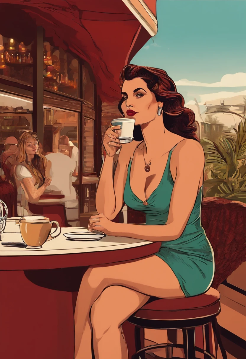 Real sexy young woman with a great discount, grosse poitrine,  with a large decapitated man having a coffee on the terrace of a bar