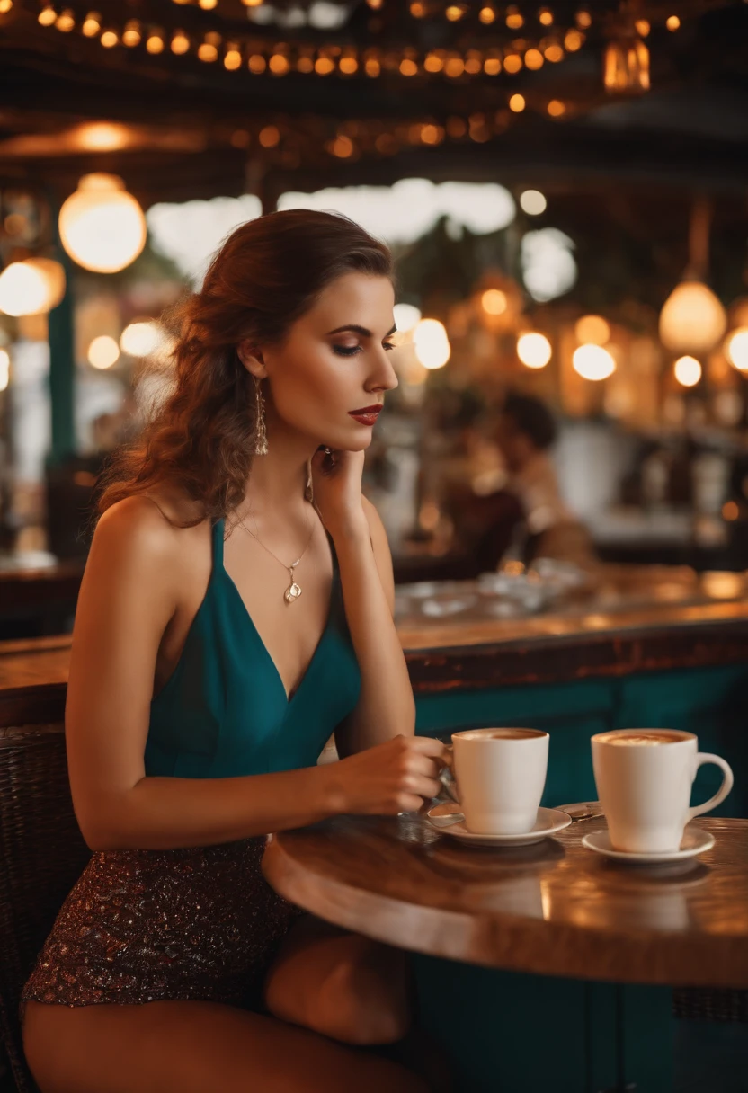 Real sexy young woman with a great discount, grosse poitrine, with a large decapitated man having a coffee on the terrace of a bar
