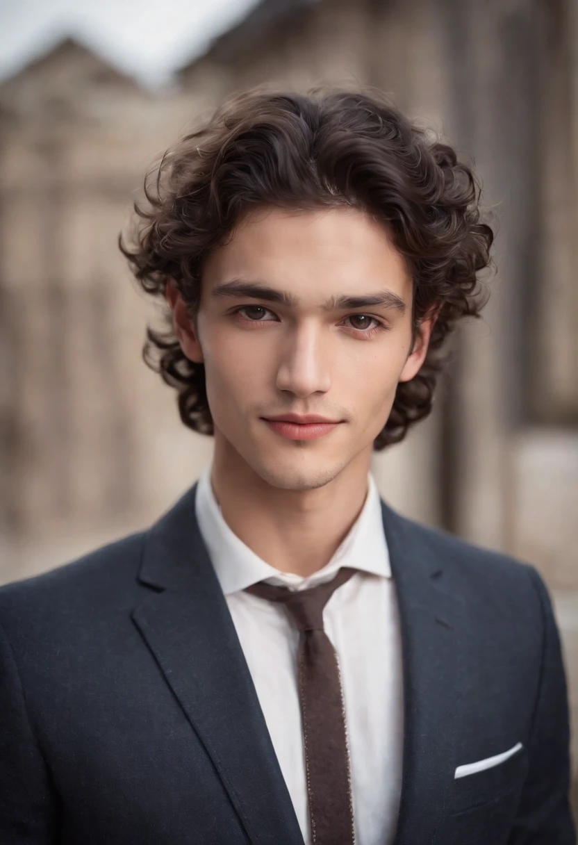 Certainly! Here's the description in English:
"I'm glad you liked the description! I imagine this young man could have a truly striking appearance, with a combination of curly, thick, and luscious black hair framing his face in a captivating way, accentuating his natural beauty. His brown eyes might have deep and expressive nuances, reflecting his lively and intelligent personality. His regular features, such as a well-proportioned nose and defined lips, add a touch of perfection to his face. His smile, radiating warmth and confidence, could light up the entire room. Overall, this young man with curly black hair and brown eyes exudes an aura of captivating beauty and magnetism.whit a elegante suite