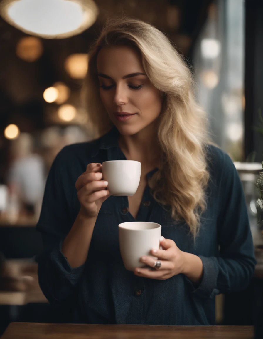 25-year-old woman drinking coffee in trendy café, lange Haare, blondes Haar, Stilvolle Kleidung, Jeans.(Full Body Esbian:1.5)、Outside the house、Schauen Sie auf Ihr Smartphone