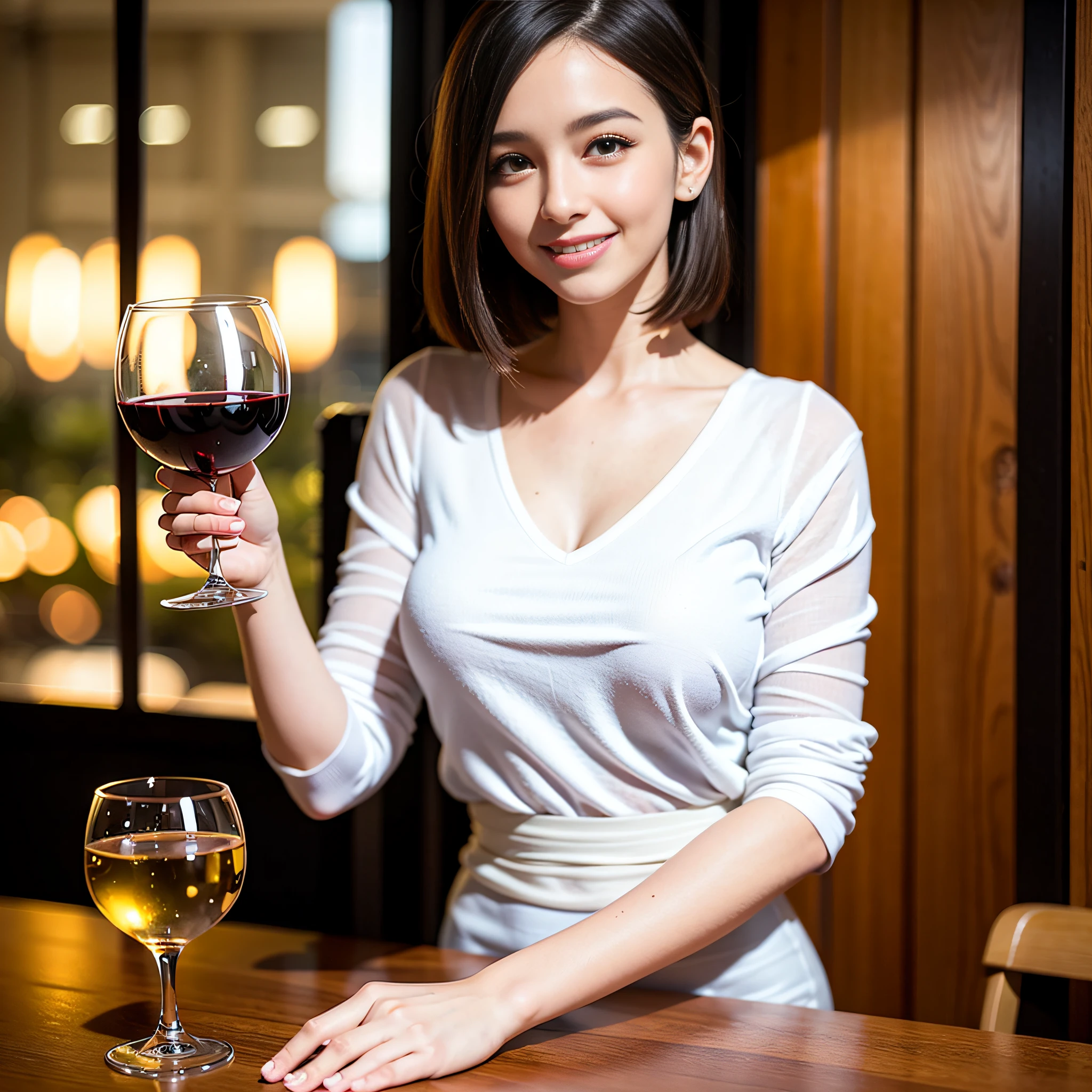 ((Highest quality、8K、masterpiece:1.3))、cute、slimカップル、modelカップル、actress男優、(Realistic, Intricate details:1.2), full-course dinner、Wine Party、Amazing view of the sunset sky and clouds、A bright smile、short hair,Bright Face、 (Age 44), Age 42, red wine 、Appetizers、Italian food、Wine bottle、Champagne、sparkling wine、Two beauties、Brown Hair、Shortcuts、Long sleeve shirt、dress、Beautiful woman 1, (slimな顔), (The body is slim), (Brown Hair), (Shortcuts), cheeks turn a little red,Attractive beauty、restaurant, In a prominent place (From the waist up) Nova Frog Style, actress, model, Upper Body, White wine, slim, wine glass, 中央に置かれたwine glass, smile, (smile: 1.15), Beautiful fine grain, Depth f/2,saturation, High Contrast, Strong light and shadow,Moist Body:1.5、3D texture、Delicate eyes、Brown Hair、The hair is very shiny、