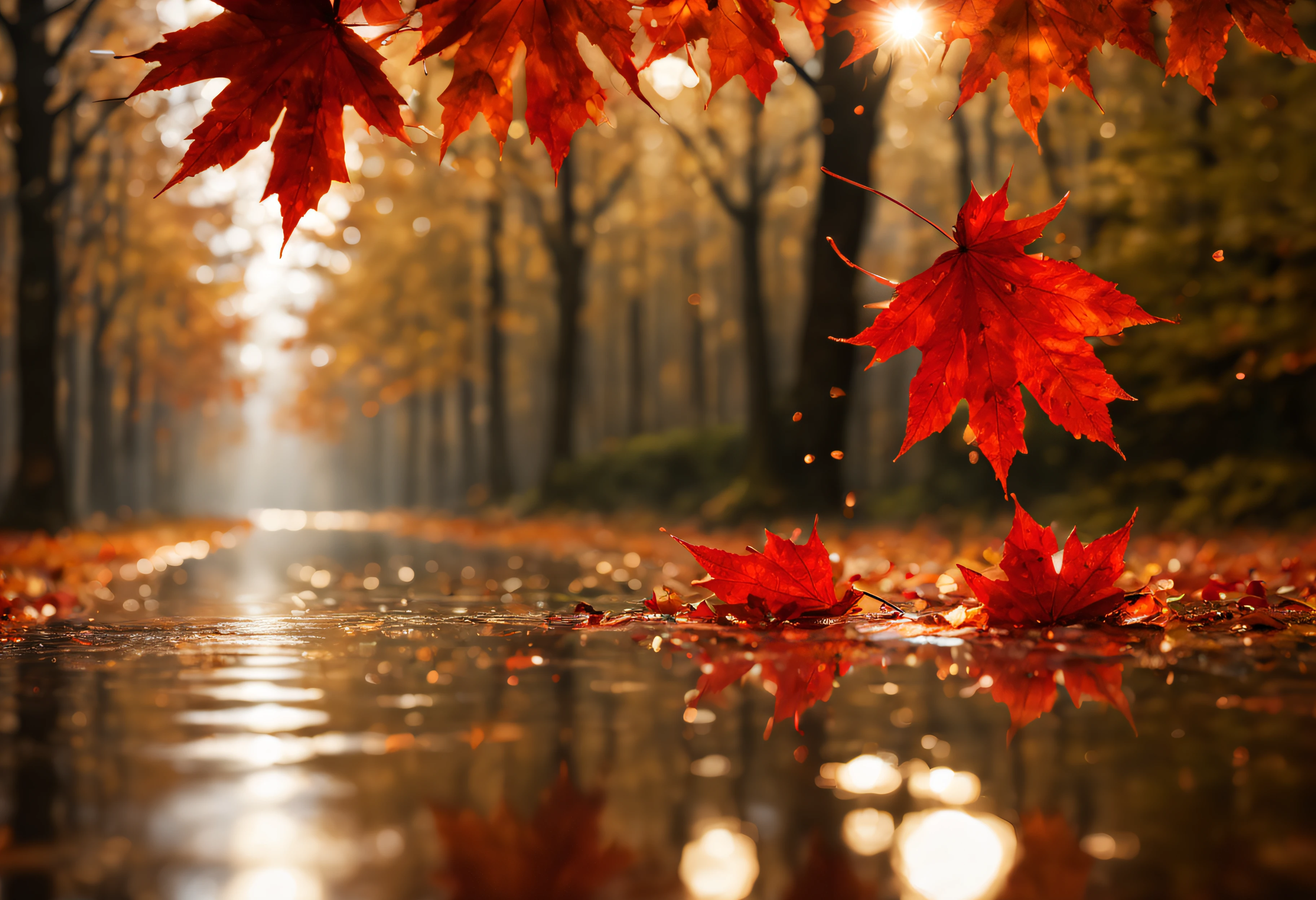 masterpiece,best quality,rain style,sunlight,light,puddle,beautiful lighting,blowing,reflection,autumn leaves, maple leaf, falling leaf,red particles,depth of field,forest,