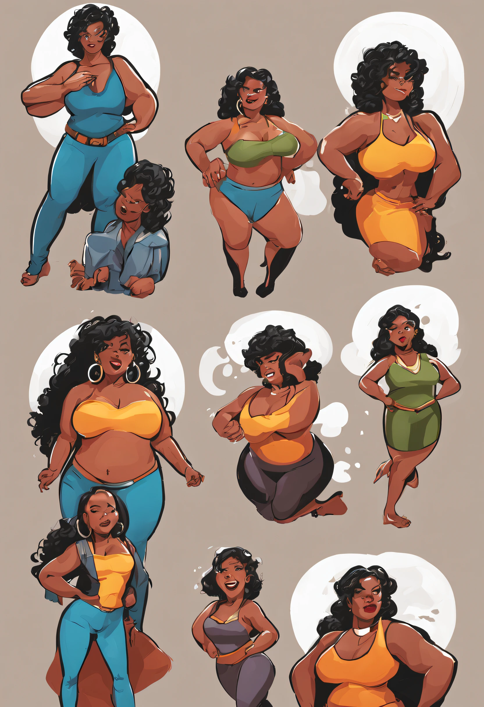 Personagem de uma mulher negra feia, fat body, inelegant, cabelo despenteado, corpo inteiro, multiple poses and full-body expressions, multiples poses and expressions, ficha de personagem, Comic book illustration style, quadrinhos de estilo moderno americano, simples, corpo gordo, mulher de 28 anos, baixa, black sandals, cabelo preto, peito liso, plug de personagem, em contorno, dinah drake, frank cho, sem texto, ivy, conforme ilustrado nos principais quadrinhos de cow comics, full-colour illustration, de Craig Thompson, mark schultz, de David Palumbo, inspirado em Hal Foster, de Greg Staples, flat chest, character sheet, on outline