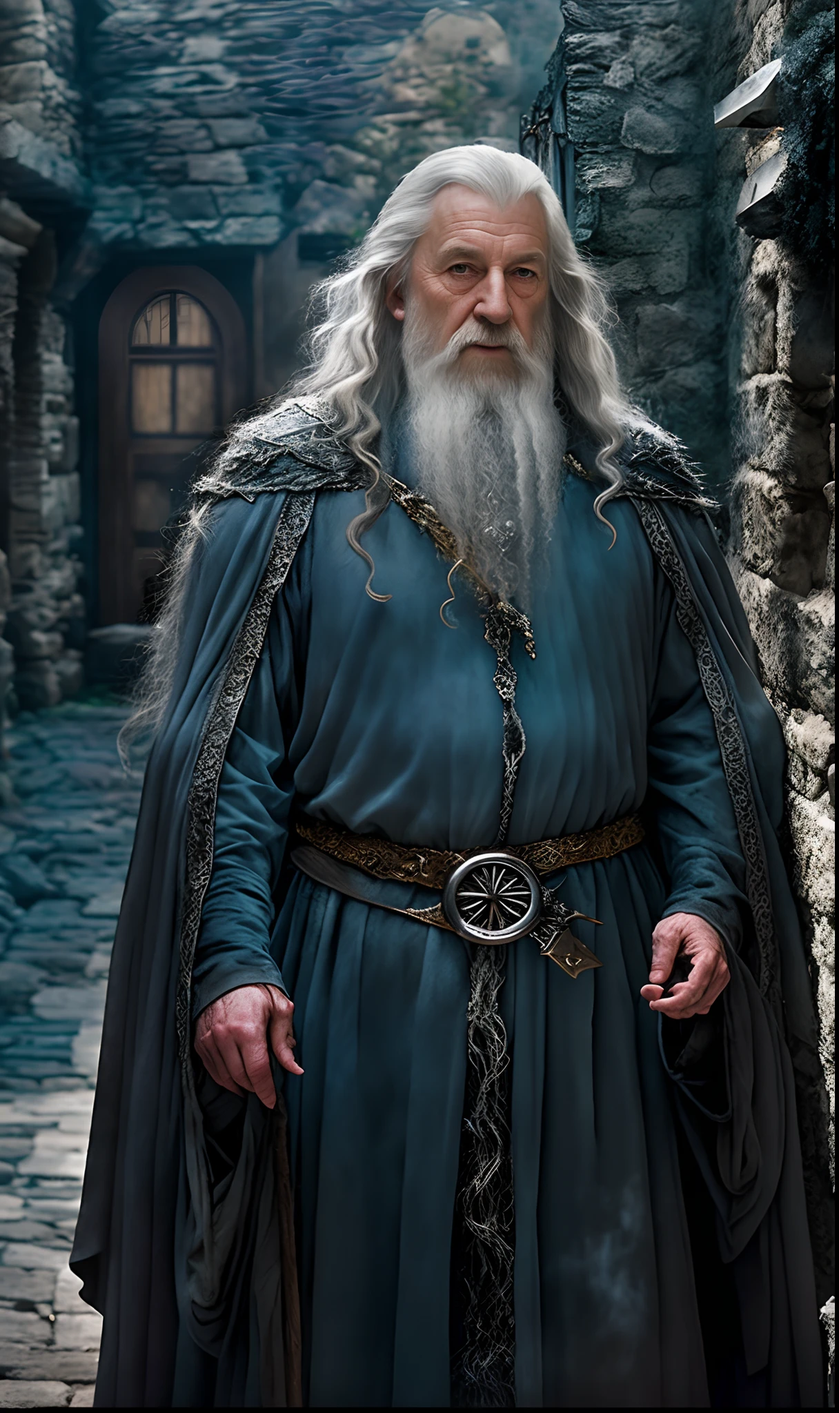 Wearing a gray robe,An Arad man with a long white beard stands in a narrow alley, 《lord of the ring》Gandalf, style of lord of the rings, portrait of gandalf,