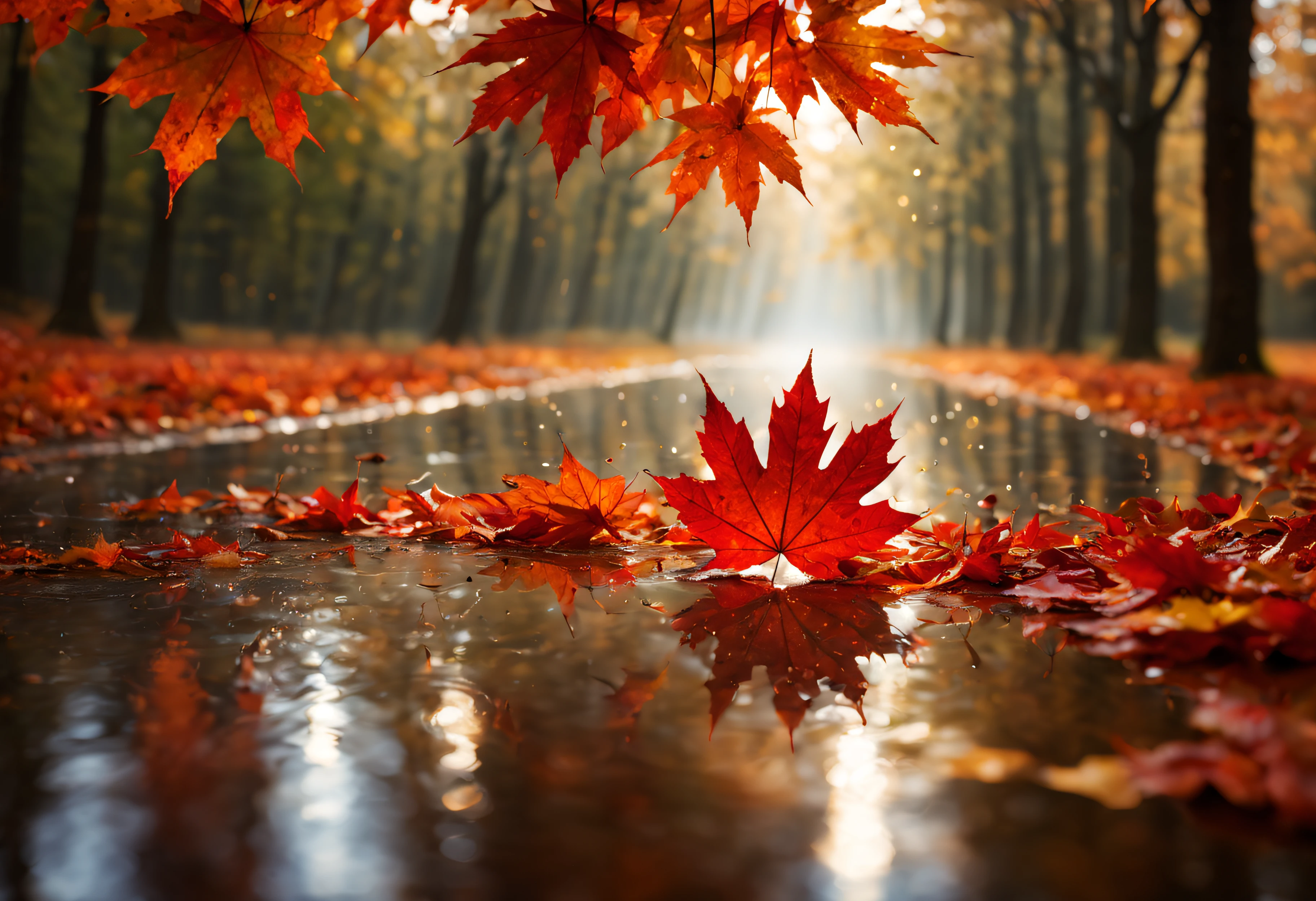 masterpiece,best quality,rain style,sunlight,light,puddle,beautiful lighting,blowing,reflection,autumn leaves, maple leaf, falling leaf,red particles,depth of field,forest,