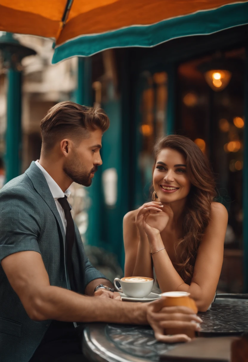 Real sexy young woman with a great discount, grosse poitrine, with a large decapitated man having a coffee on the terrace of a bar