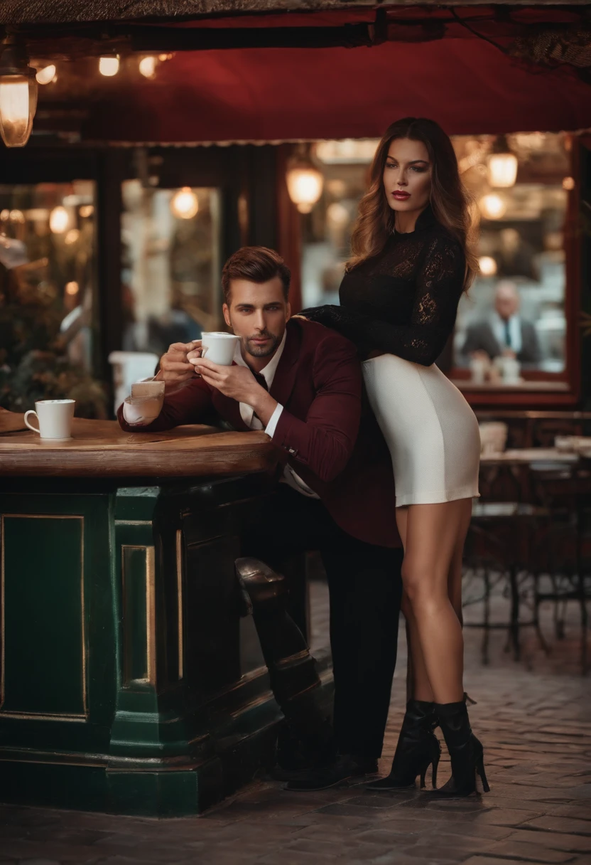 Real sexy young woman with a great discount, grosse poitrine, with a large decapitated man having a coffee on the terrace of a bar