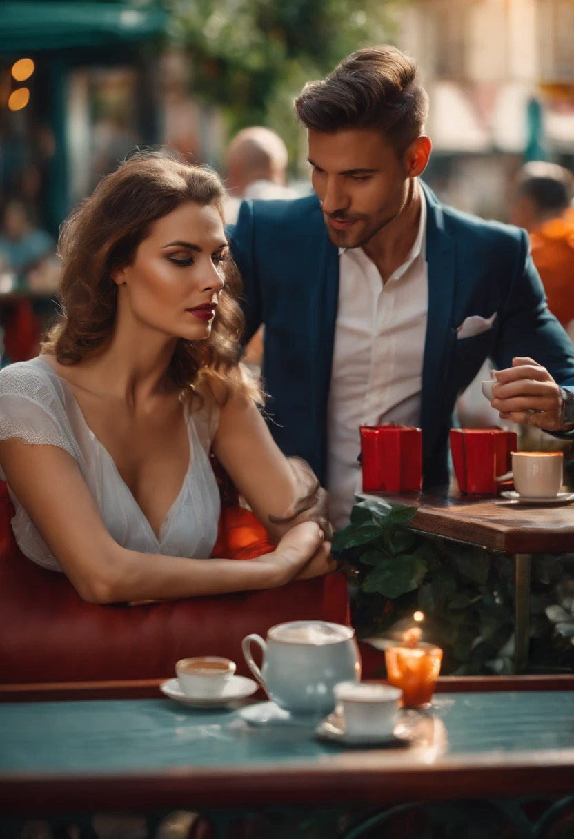 Real sexy young woman with a great discount, grosse poitrine, with a large decapitated man having a coffee on the terrace of a bar