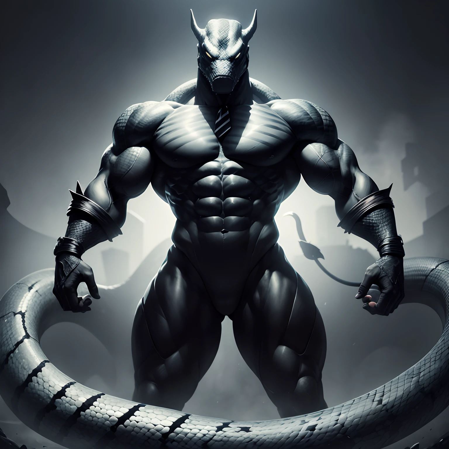 Humanoid snake muscled , with a snake's head black with a tail with 2 huge arms , in suit with a tie , full body