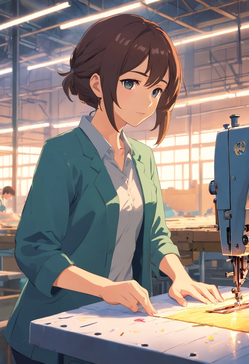 Single mom working in a textile factory，Use a sewing machine