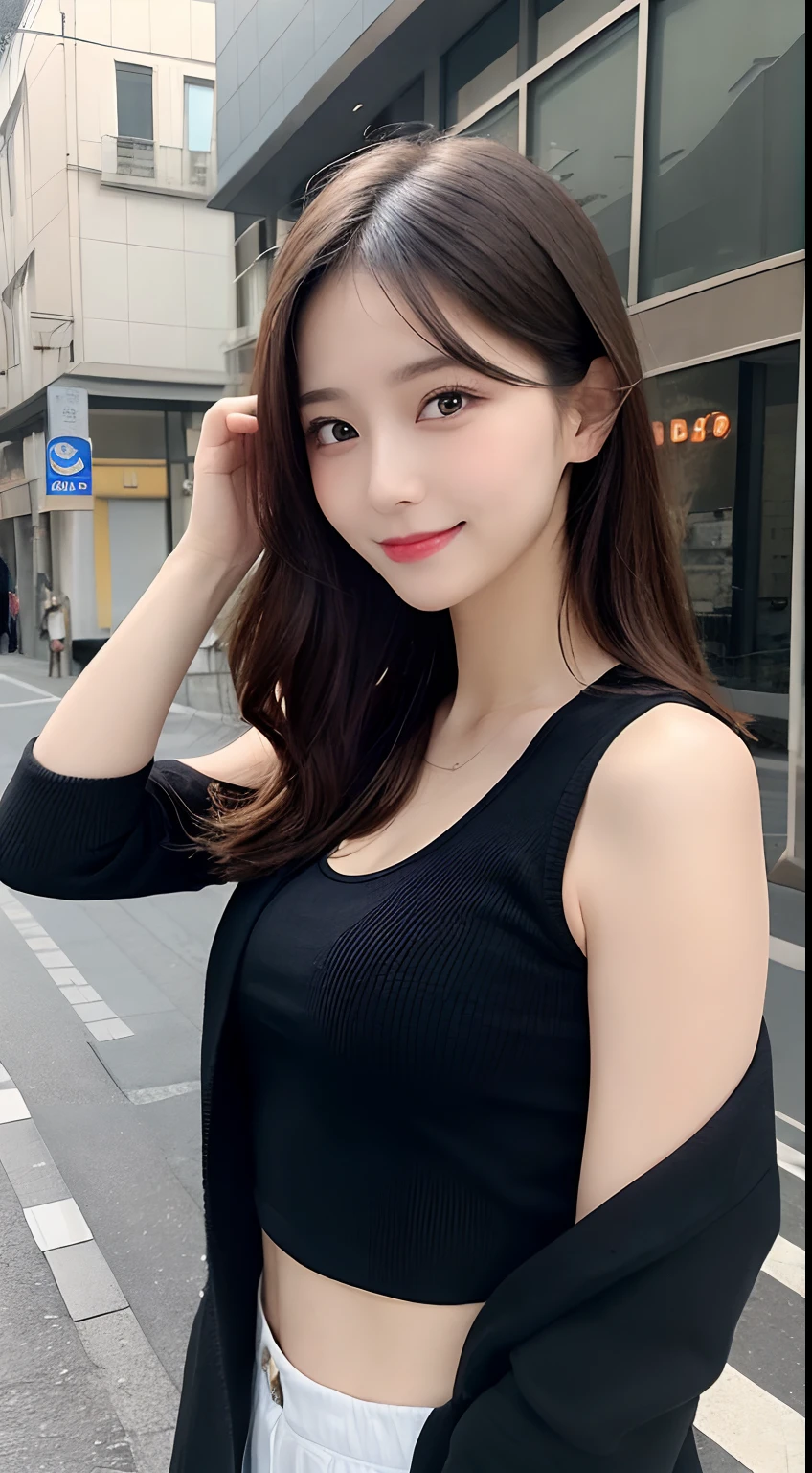 masutepiece, Best Quality, Illustration, Ultra-detailed, finely detail, hight resolution, 8K Wallpaper, Perfect dynamic composition, Beautiful detailed eyes, doress, Black jacket, White tank top, Medium Hair, mid-chest, Natural Color Lip, Random and sexy poses, Smile, Aoyama Street Walk