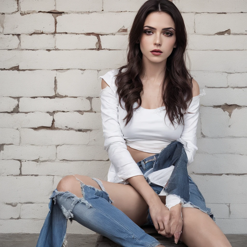 Sexy Spanish woman sitting in a jail cell, wearing torn jeans and white crop-top, dark, peeling paint brick wall, cold light, bleak, sinister, forbidding, high quality, high detail, photorealistic, winter, deep shadows, gritty, horror, grunge, damp,