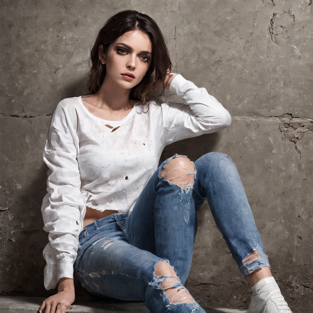 Sexy Spanish woman sitting in a jail cell, wearing torn jeans and white crop-top, dark, peeling paint brick wall, cold light, bleak, sinister, forbidding, high quality, high detail, photorealistic, winter, deep shadows, gritty, horror, grunge, damp,