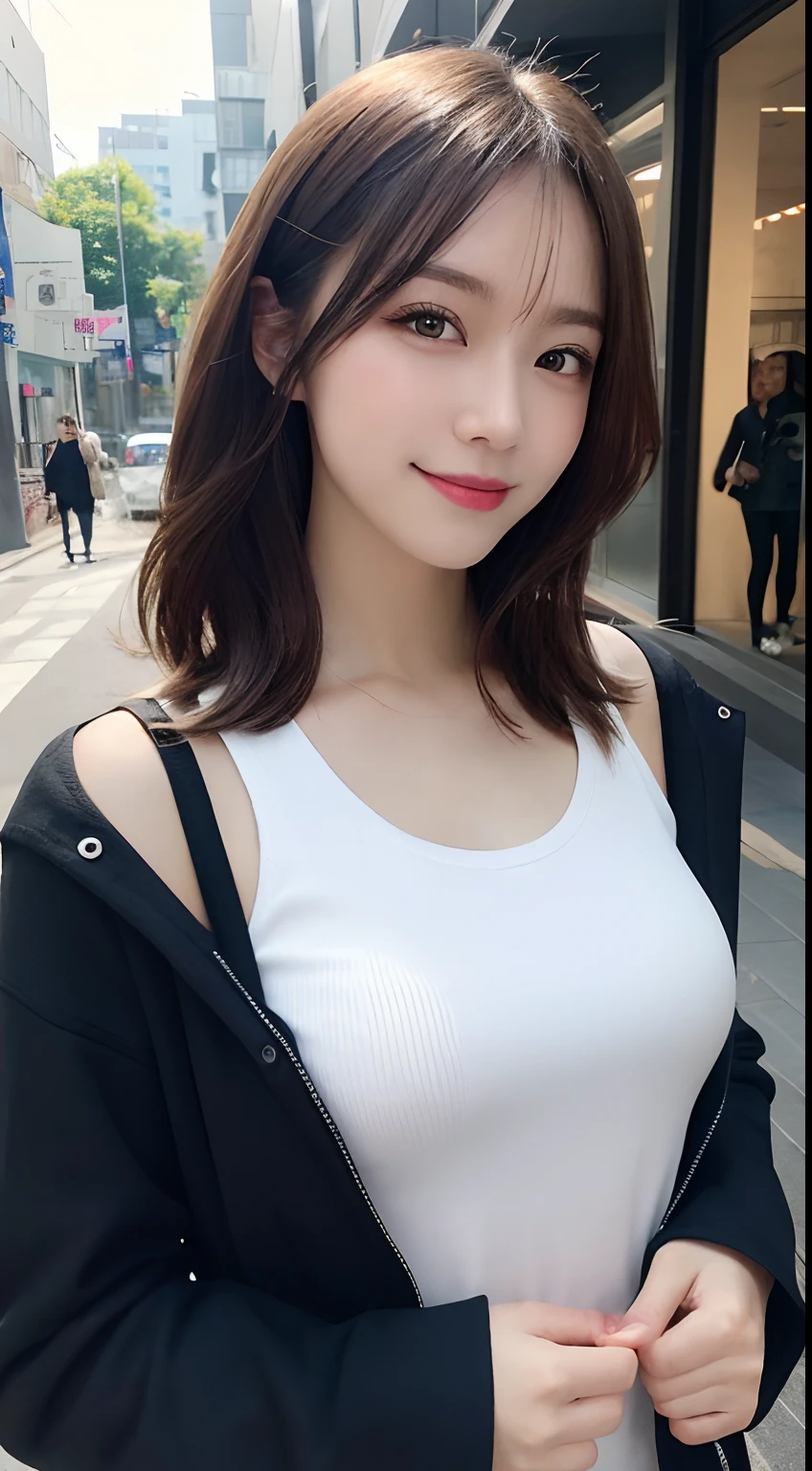 ((best quality, 8K, masterpiece:1.3)), focus: 1.2, perfect body beautiful: 1.4, buttocks: 1.2, ((layered hairstyle, breast: 1.2)), (wet clothes: 1.1), (rain, street:1.3), tube top dress: 1.1, Highly detailed facial and skin textures, narrow eyes, double eyelids, whiten skin, long hair, (shut up: 1.3), Smile