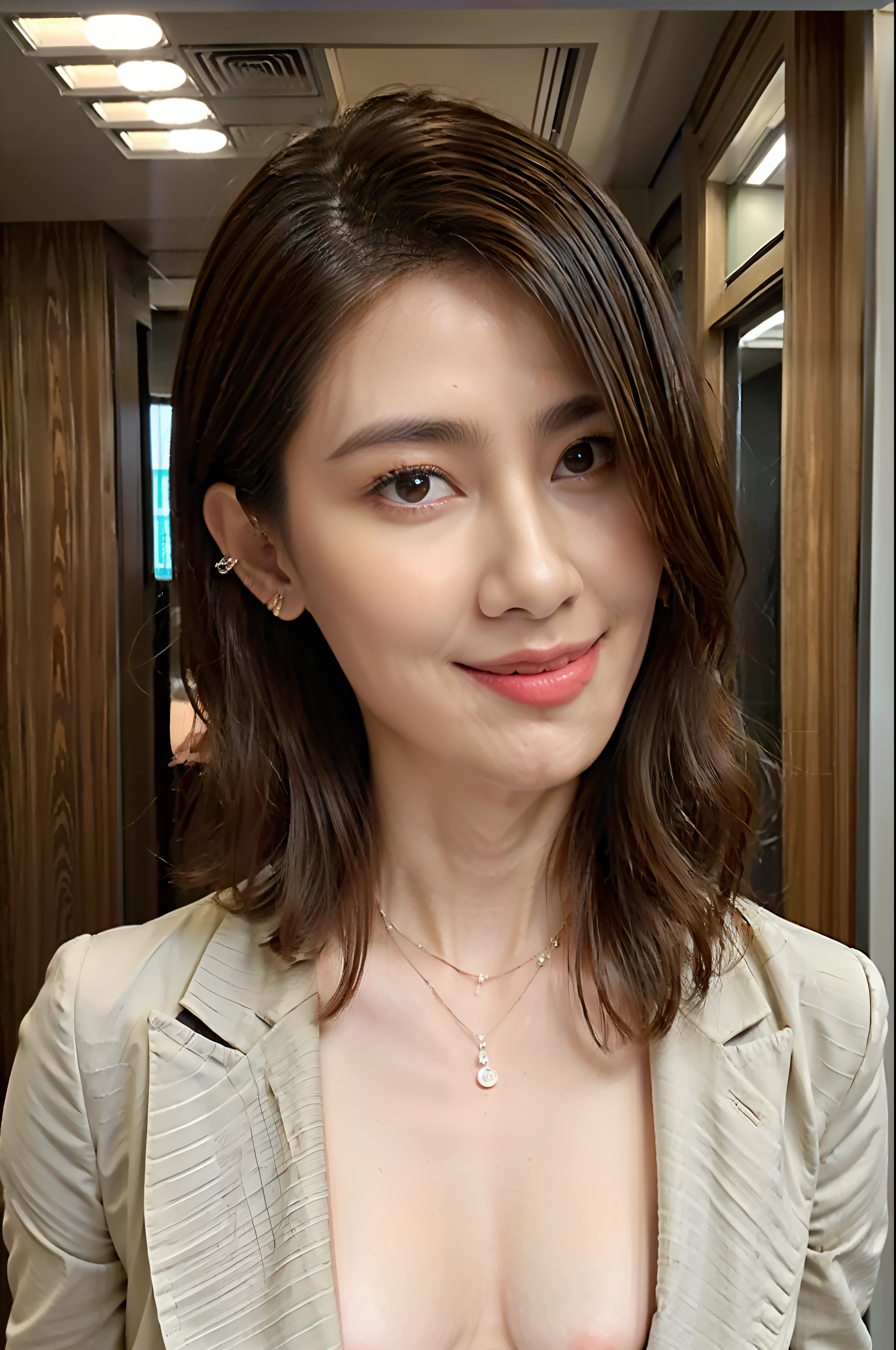 ((top-quality、NSFW、8K、masterpiece:1.3))、lascivious、(One beautiful Japan office lady)、Late night bedroom、on the beds、cowboy shot、Shorthair、Raw photo、Ultra-high resolution photos、((A smile:0.7))、((Open mouth:0.6))、(Slender face:1.1)、(slender physique:1.2)、(small tits:1.4)、View Viewer、Looking at the camera、Wearing a gray blazer and black pleated skirt:1.3、 Nipples protruding from the blazer、Woman showing off her nipples、a necklace、Ear-piercing、A detailed face、A detailed eye、A sexy、Small、pointed Nipple、red blush