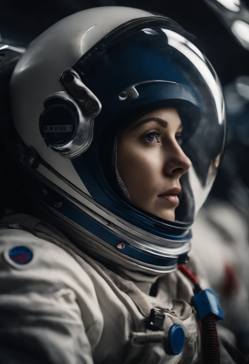 a picture、(Photorealsitic:1.4)、(hyper realisitic:1.4)、(Cinematic:1.5)、Woman in her 20s、caucasian female、(beautiful and delicate face)、(High-quality eyes)、fashion photograhy、space suits、helmets、A space station、Dark blue tones、planet earth、Looking into the distance、Starry sky reflection on helmet
