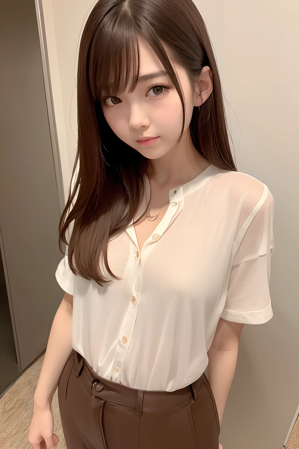 (8K、top-quality、tmasterpiece:1.2)、(hentail realism、Photorealsitic:1.37)、ultra - detailed、1 rapariga、Cute Baby Turtle、独奏、Beautiful detailed sky、Detailed Cafe、natta、Sit on the、Date、(Nasal blush)、 (A smile:1.15)、(a closed mouth)Big Mimi、Fine and beautiful eyes、(Shirt with collar:1.1)、natta、Wet、Transaction service、Sateen、White lace