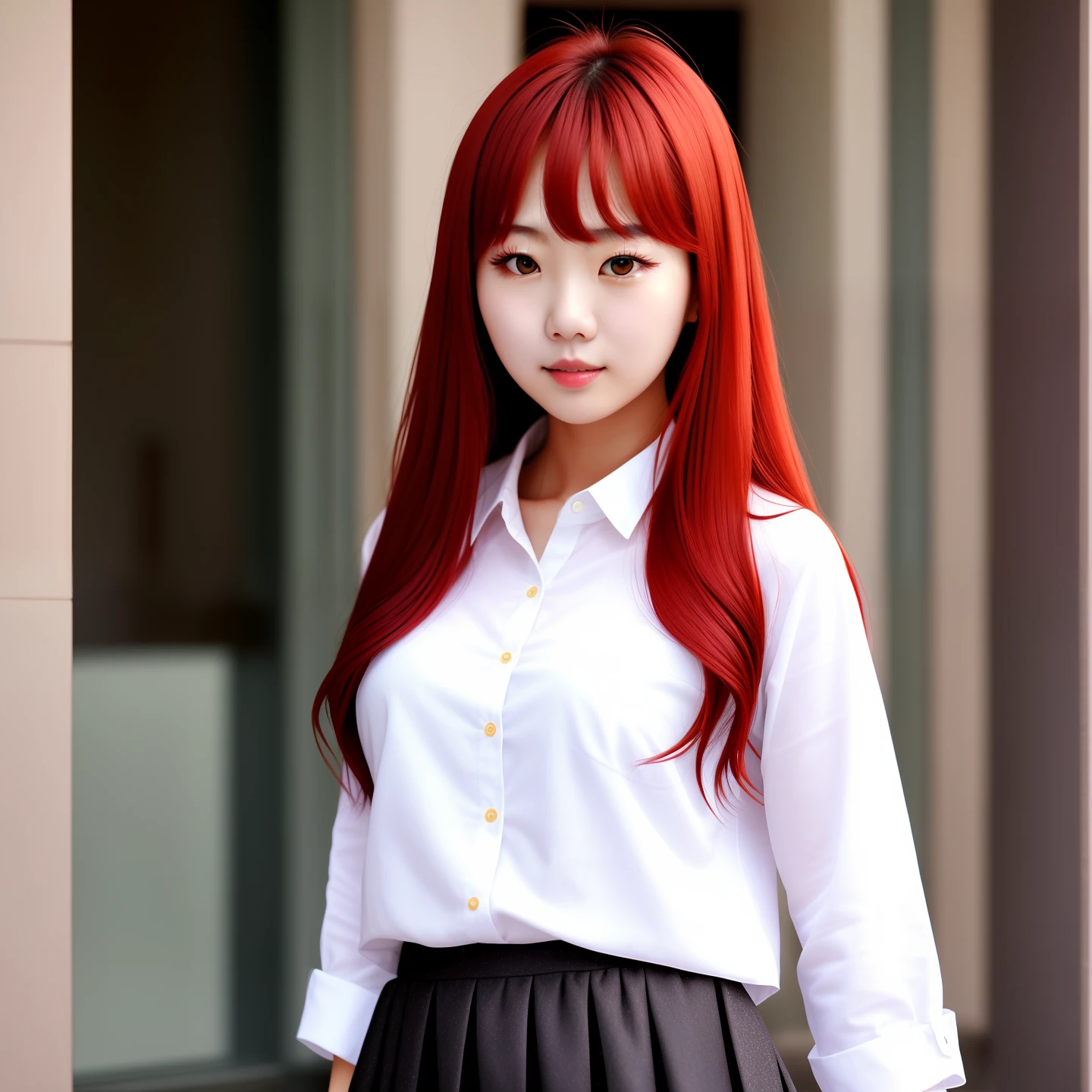 A beautiful korean girl, red hair, skirt