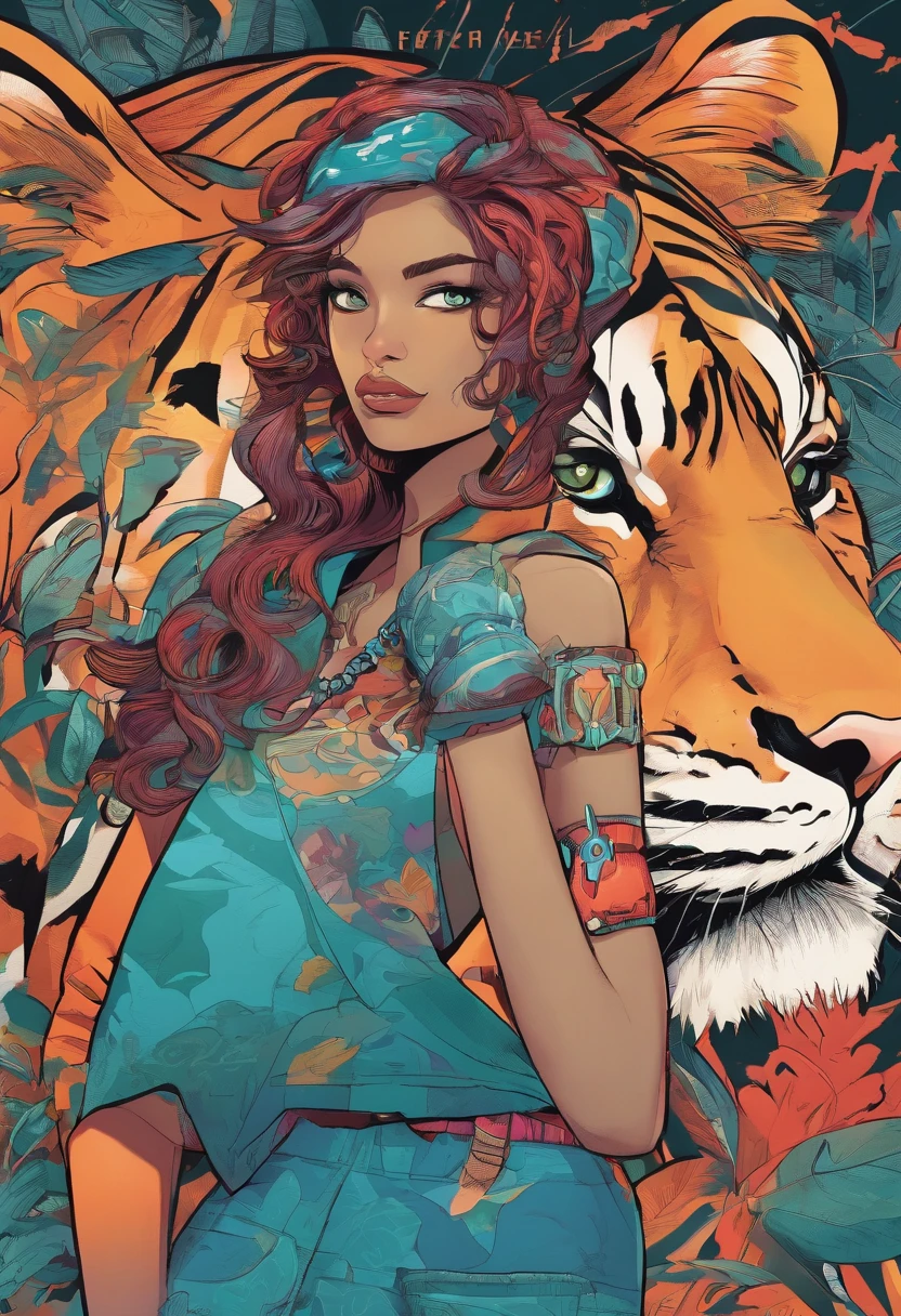 Retrato de meio corpo de cara de pele escura com cabelo crespo vestindo jaqueta preta e fones de ouvido, aquamarine eyes, Urban streets with graffiti on walls, fundo do beco, Tiger striped pants with fancy belt, hetrocromia, olhos multicoloridos, Pupilas laranjas
