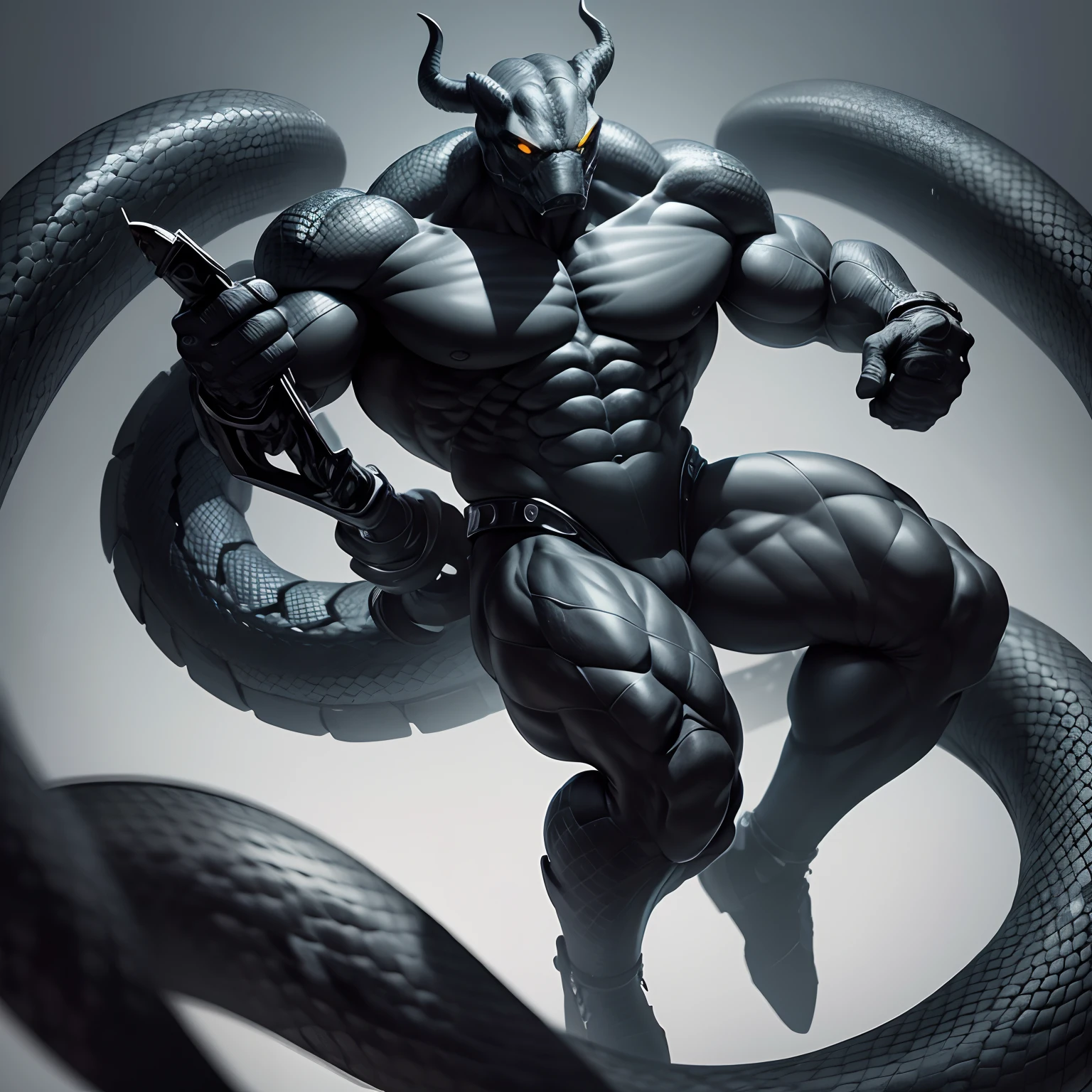 Humanoid  snake muscled ,  with a snake's head black with  a tail with 2 huge arms ,  in suit with a tie , full body