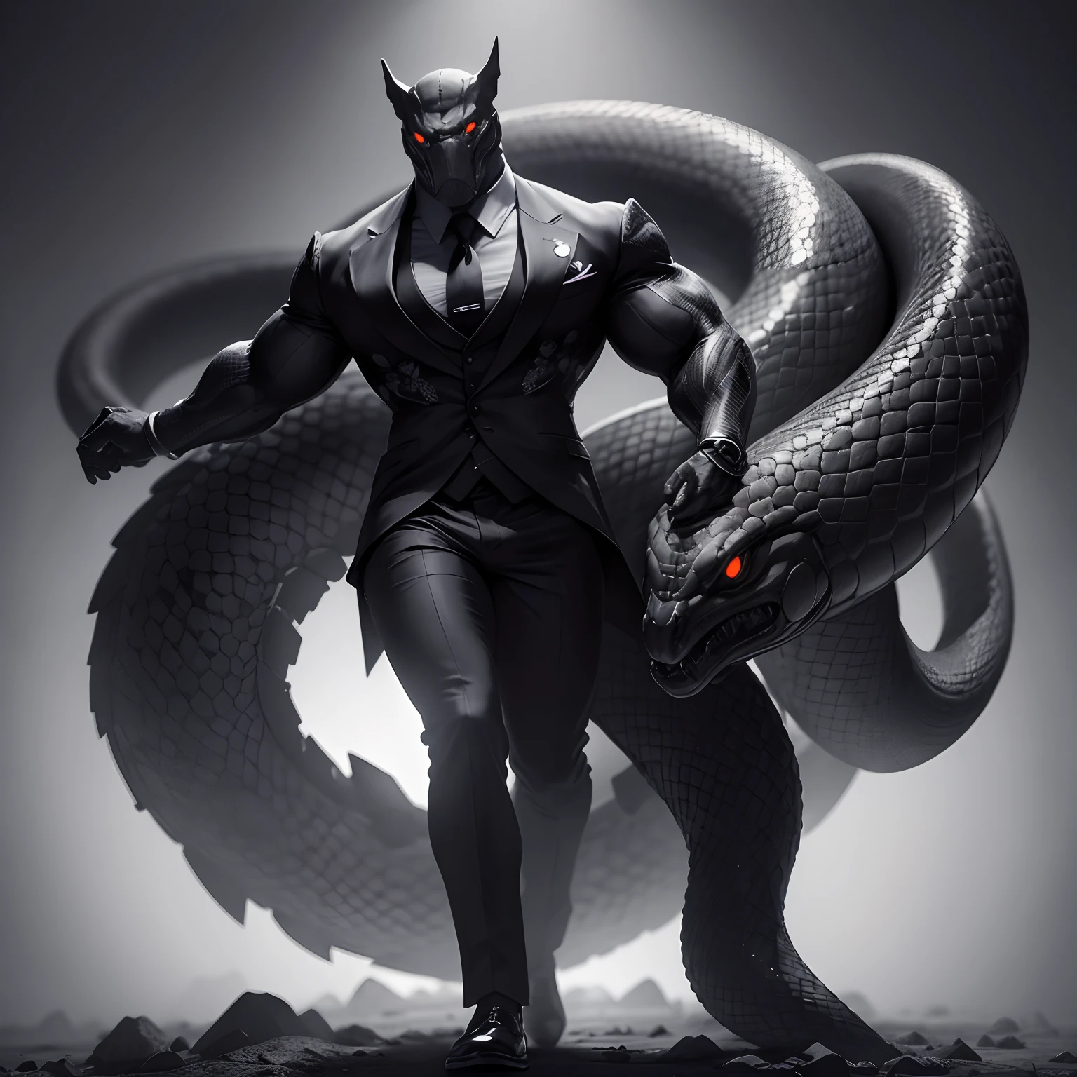 Humanoid snake muscled , with a snake's head black with a tail with 2 huge arms , in suit with a tie , full body
