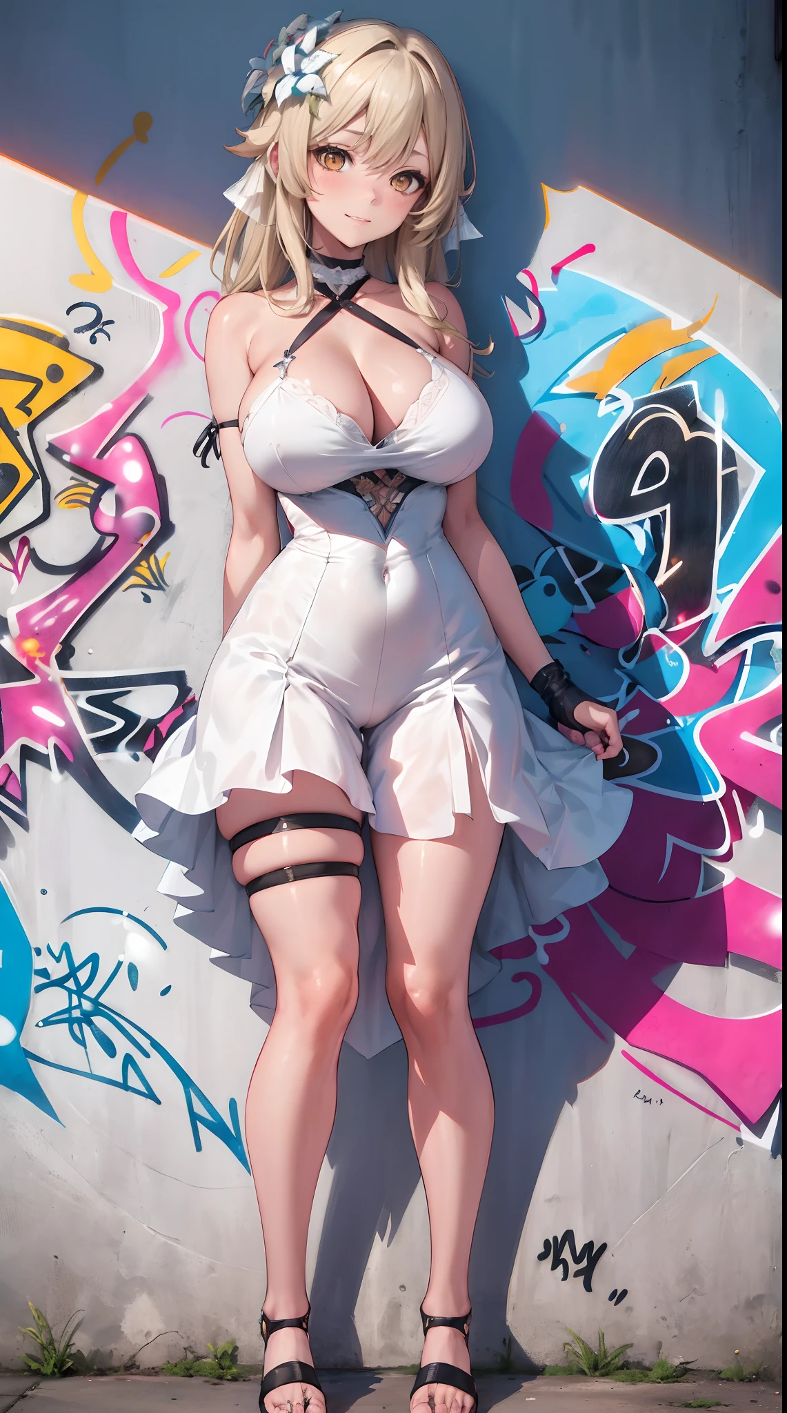Lumine | genshin impact, master-piece, bestquality, 1girls,25 years old, proportional body, proportional., Wedding Dresses, White Wedding Dress, wedding, gigantic breasts, ,bara, choker, (Graffiti:1.5), Splash with purple lightning pattern., arm behind back, against wall, View viewers from the front., Thigh strap, Head tilt, bored, 10, 10, HD, slight smile,