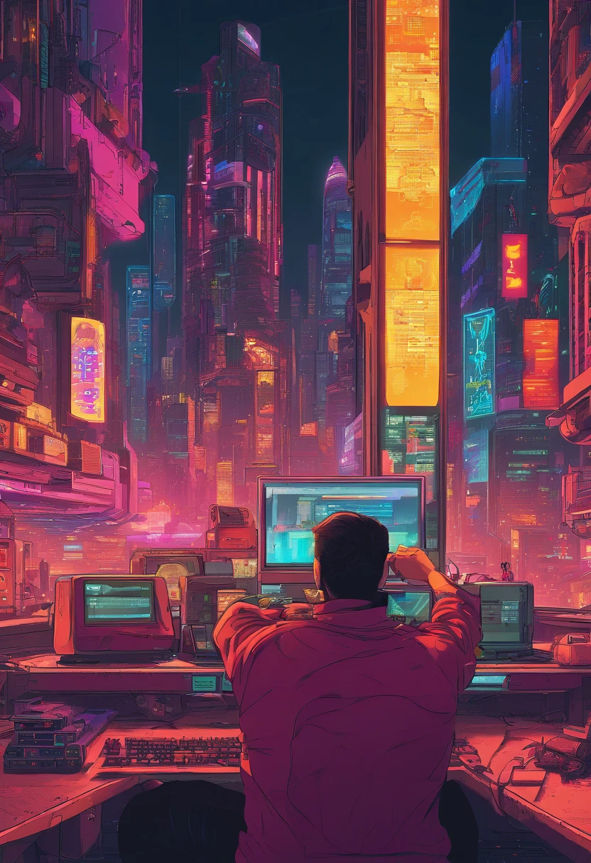 A man is updating a blog using a computer in his room. He wears loungewear. My hobby is muscle training. In his room there are proteins and dumbbells. High-quality depiction.